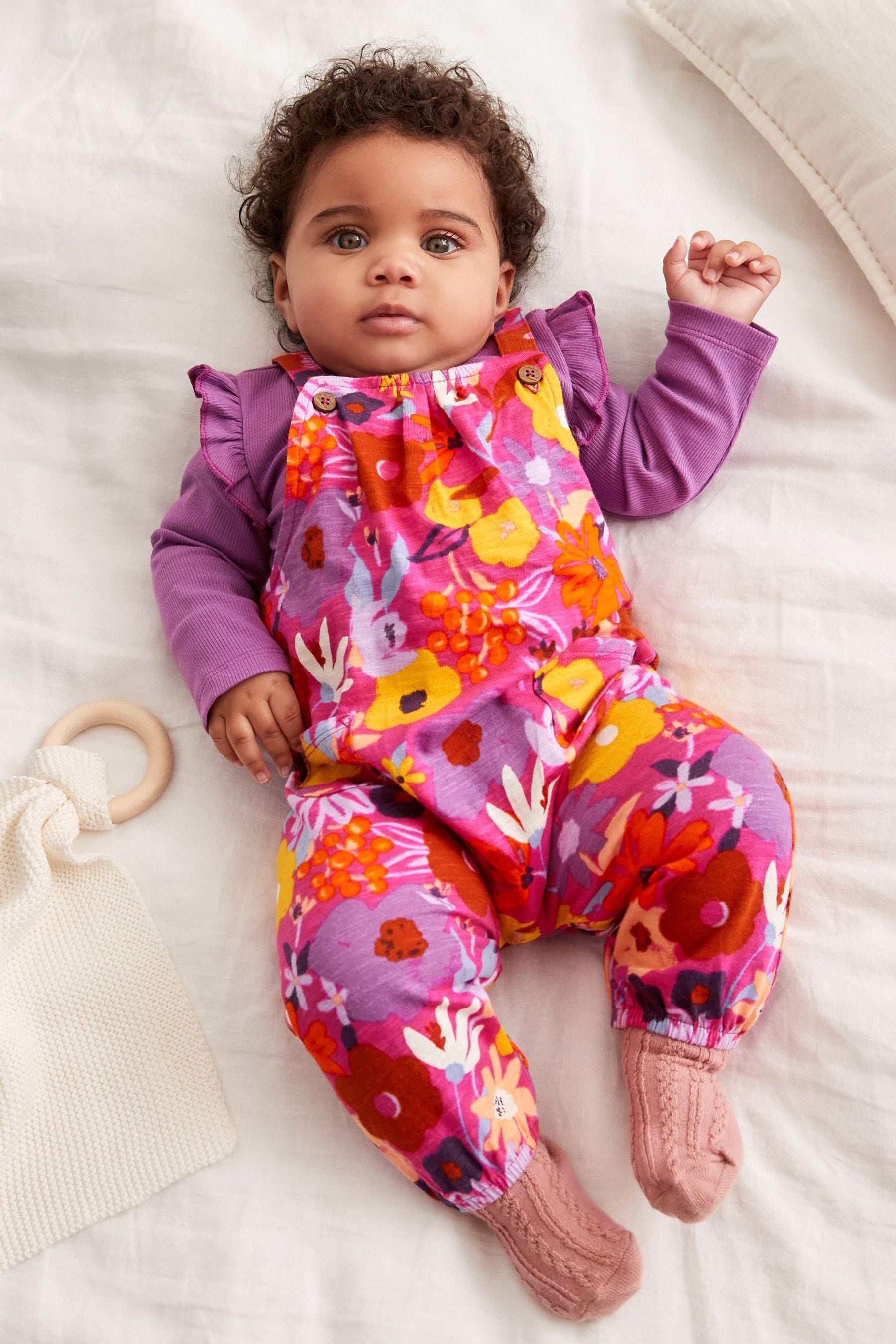 Purple Floral Jersey Baby 2 Piece Dungarees And Bodysuit Set (0mths-3yrs)