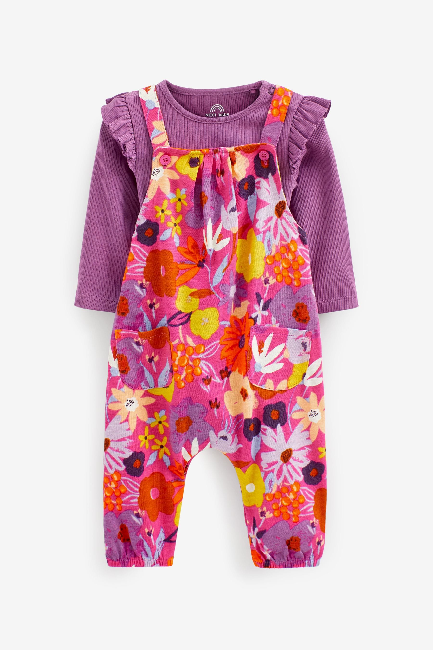 Purple Floral Jersey Baby 2 Piece Dungarees And Bodysuit Set (0mths-3yrs)