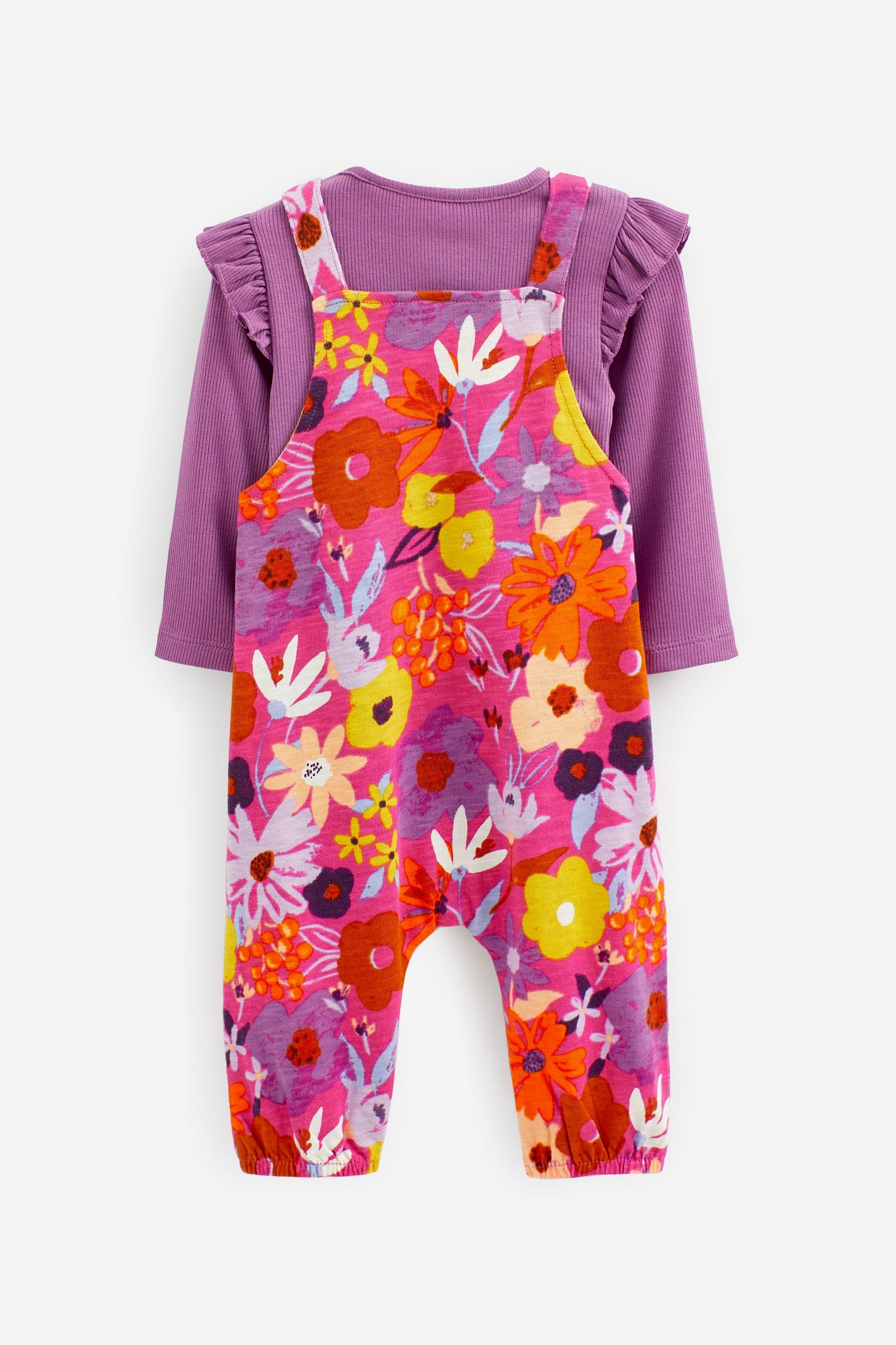 Purple Floral Jersey Baby 2 Piece Dungarees And Bodysuit Set (0mths-3yrs)