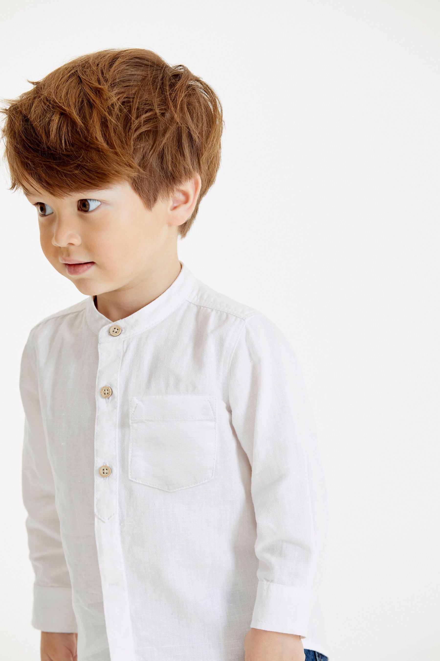 White Grandad Collar Linen Mix Shirt (3mths-7yrs)