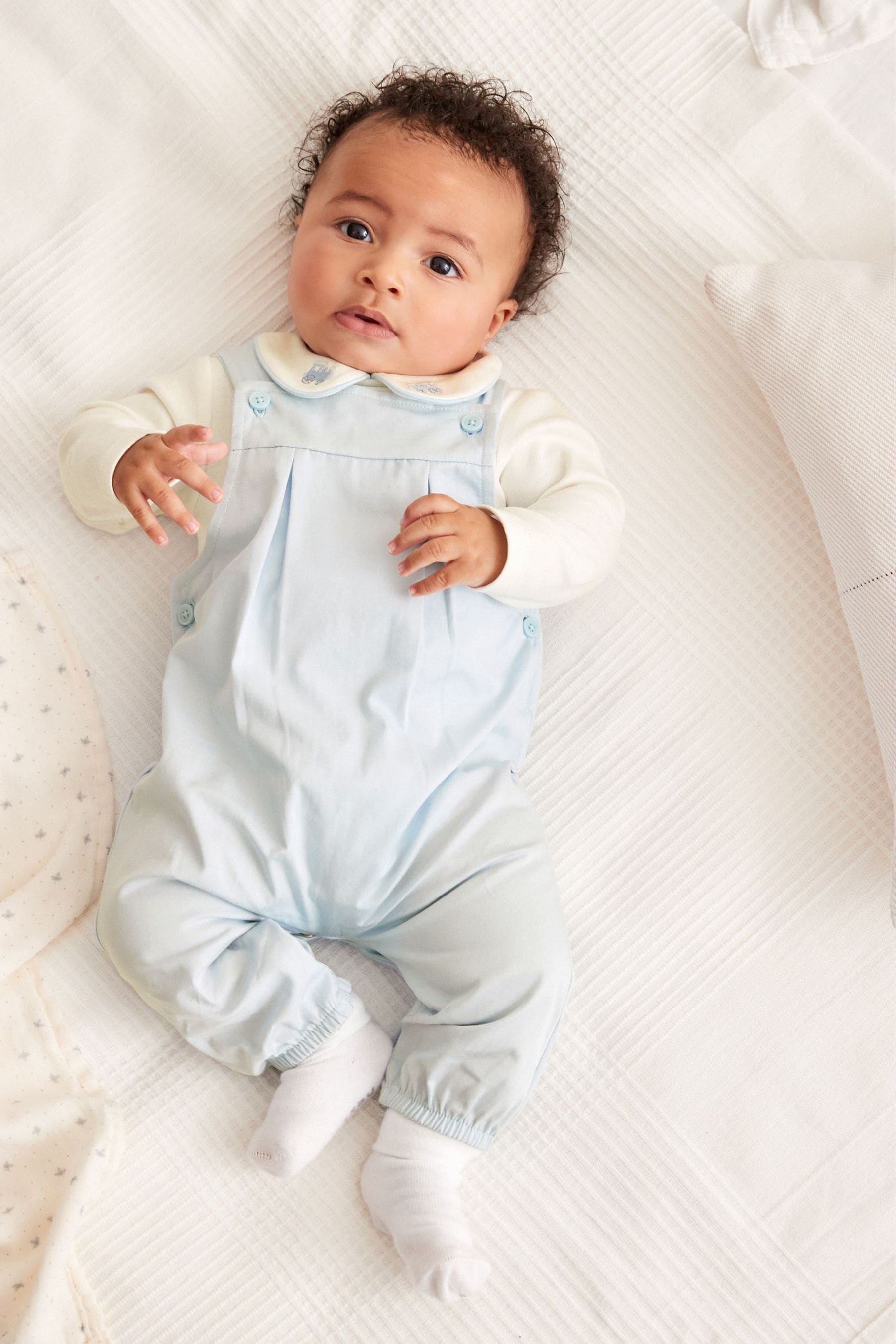 Pale Blue Smart Woven Baby 2 Piece Dungarees With Collared Bodysuit (0mths-3yrs)