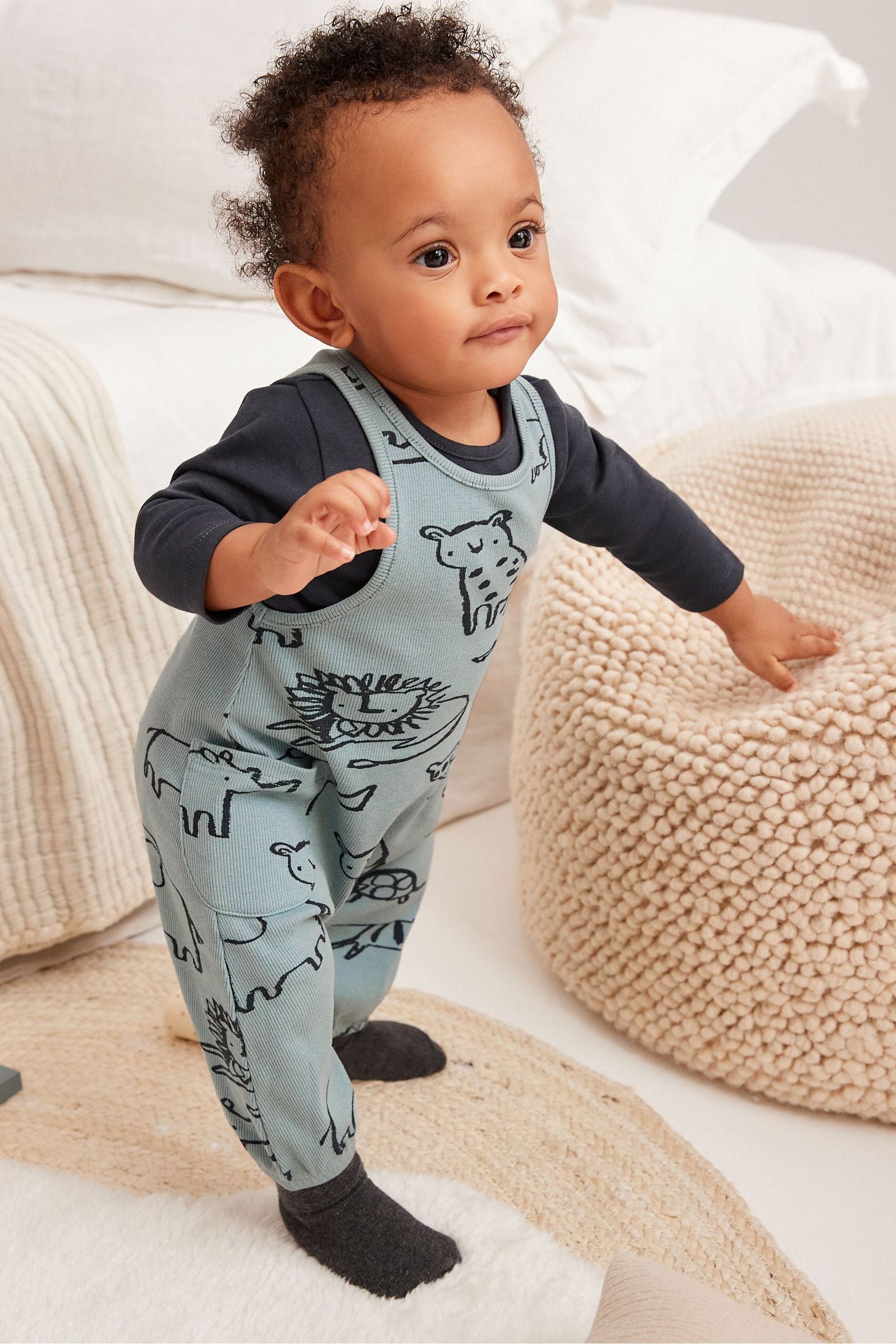 Blue 2 Piece Animal Jersey Baby Dungarees And Bodysuit Set (0mths-3yrs)