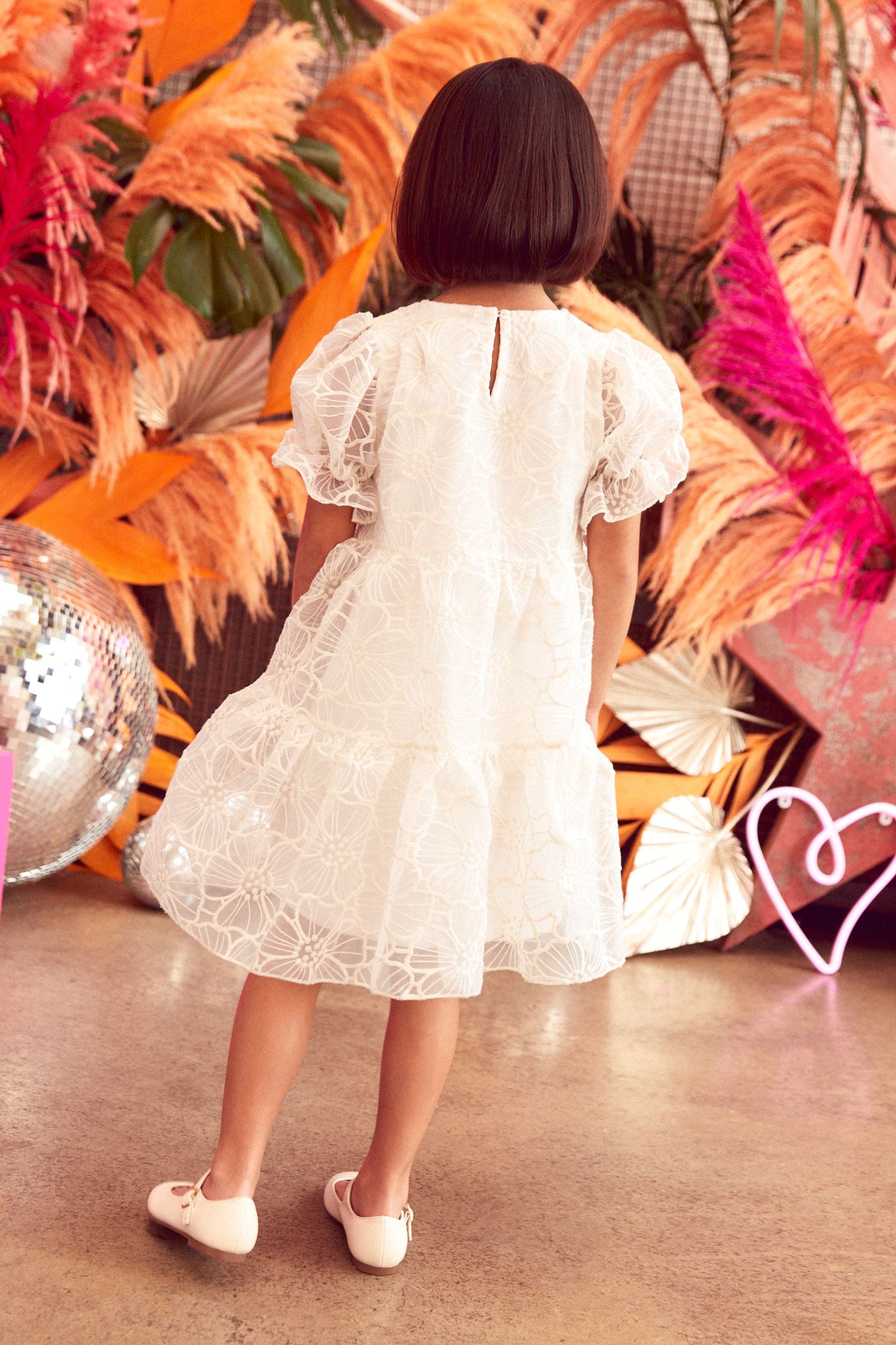 Ecru White Organza Floral Tiered Dress (3-16yrs)