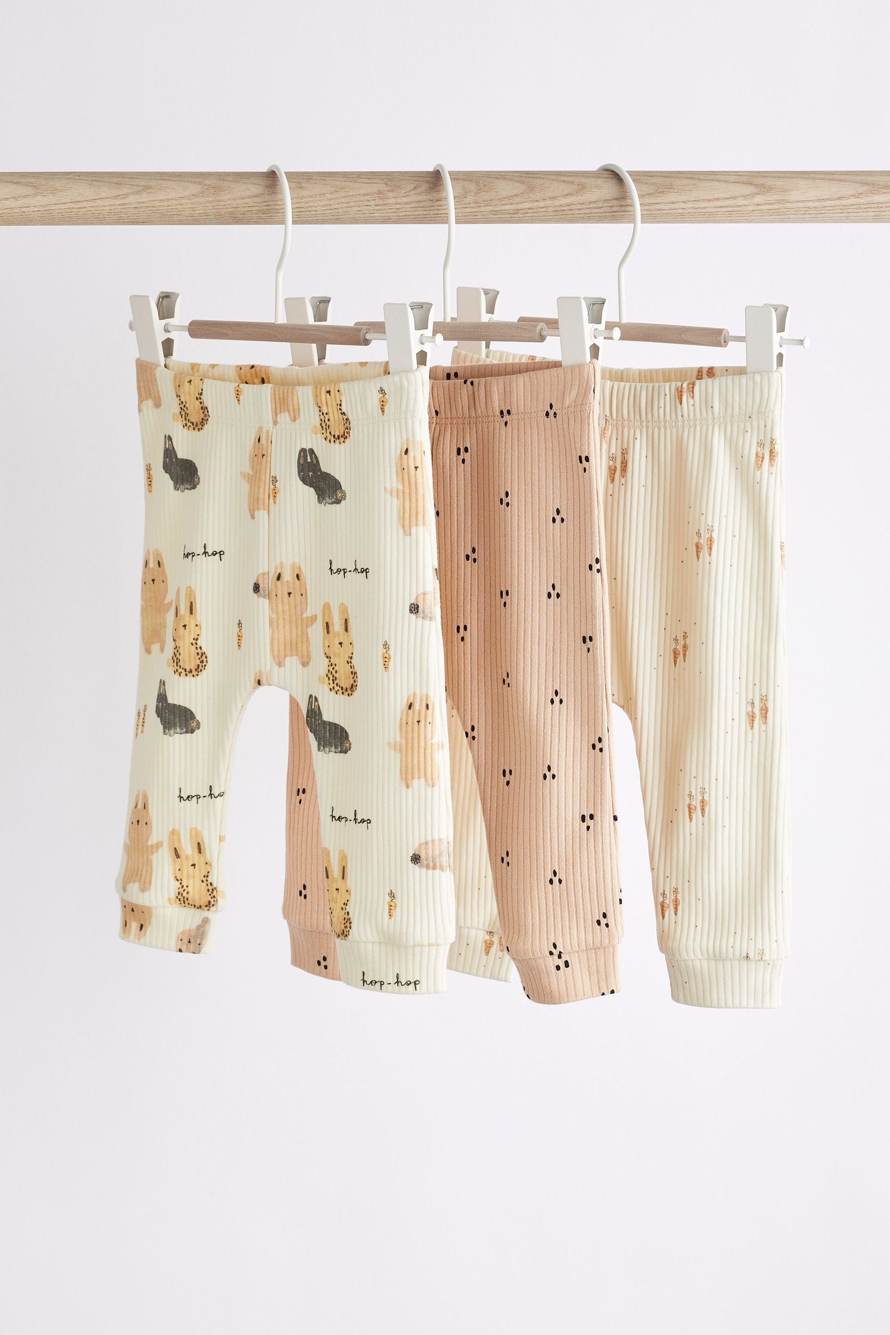 Neutral Bunny Rib Baby Leggings 3 Pack (0mths-2yrs)