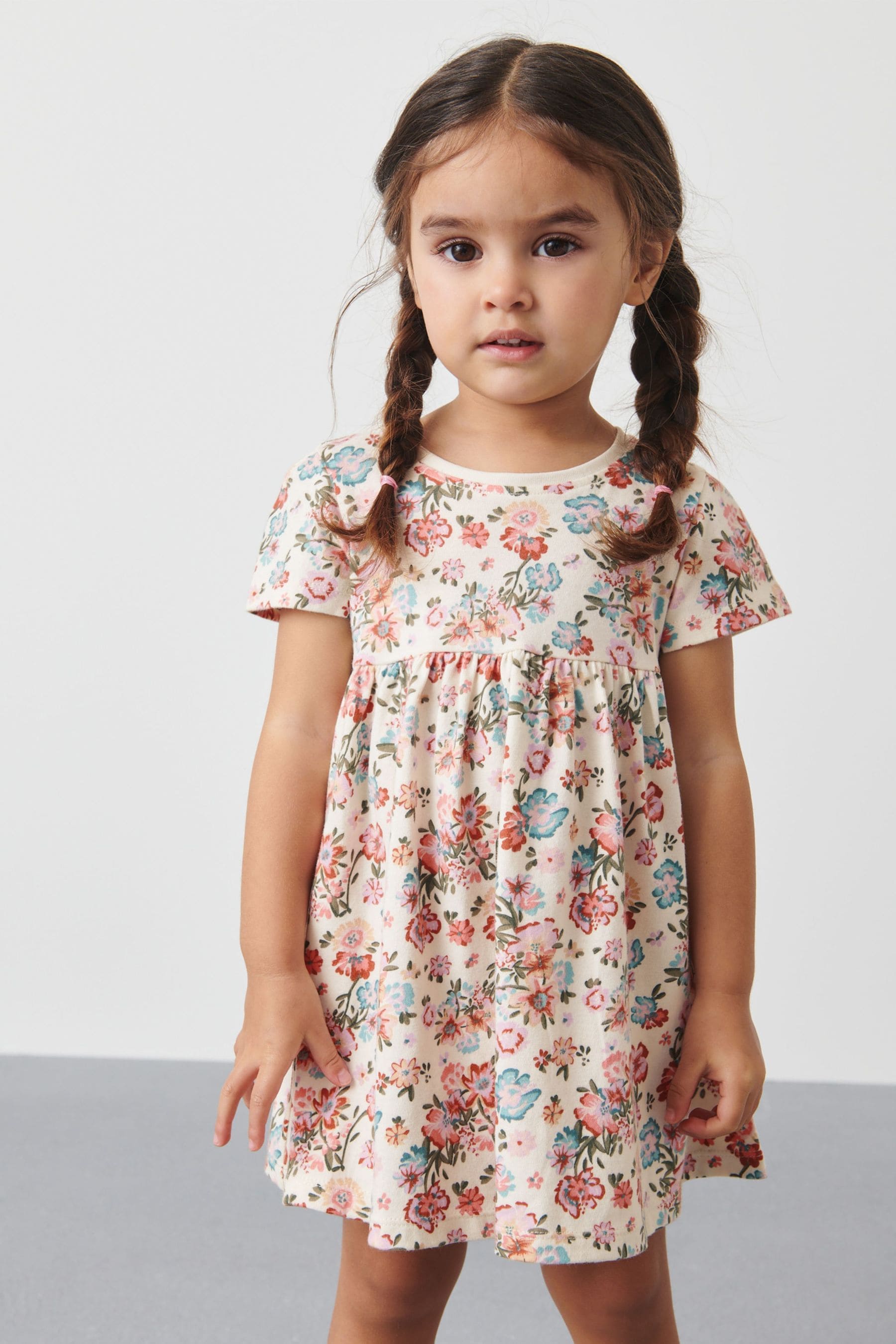 Cream Floral Short Sleeve Cotton Jersey Dress (3mths-7yrs)