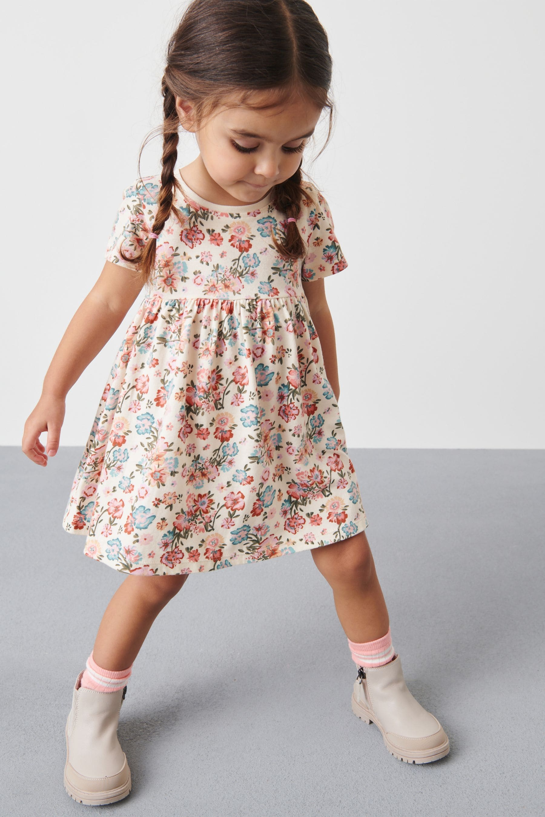 Cream Floral Short Sleeve Cotton Jersey Dress (3mths-7yrs)