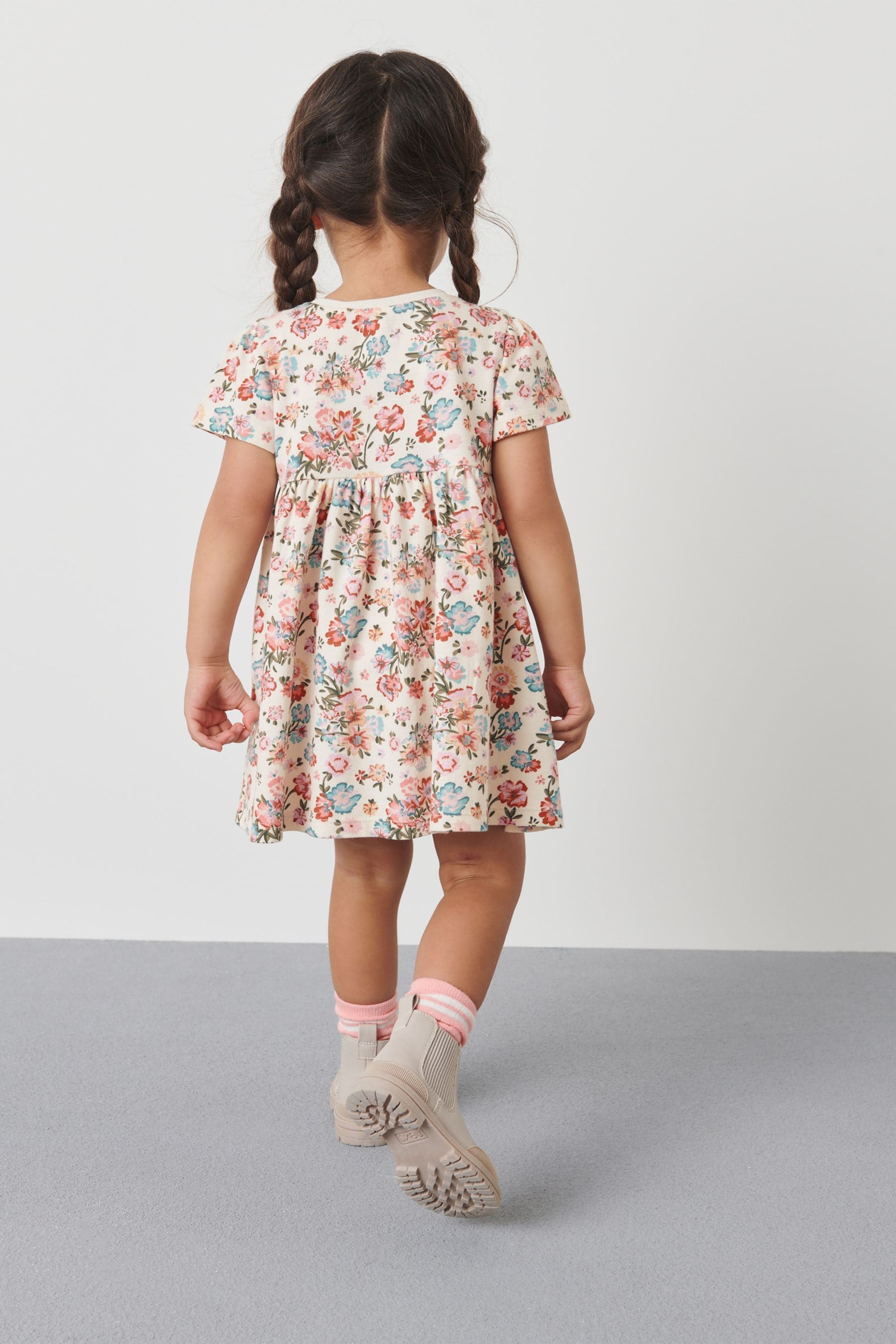 Cream Floral Short Sleeve Cotton Jersey Dress (3mths-7yrs)