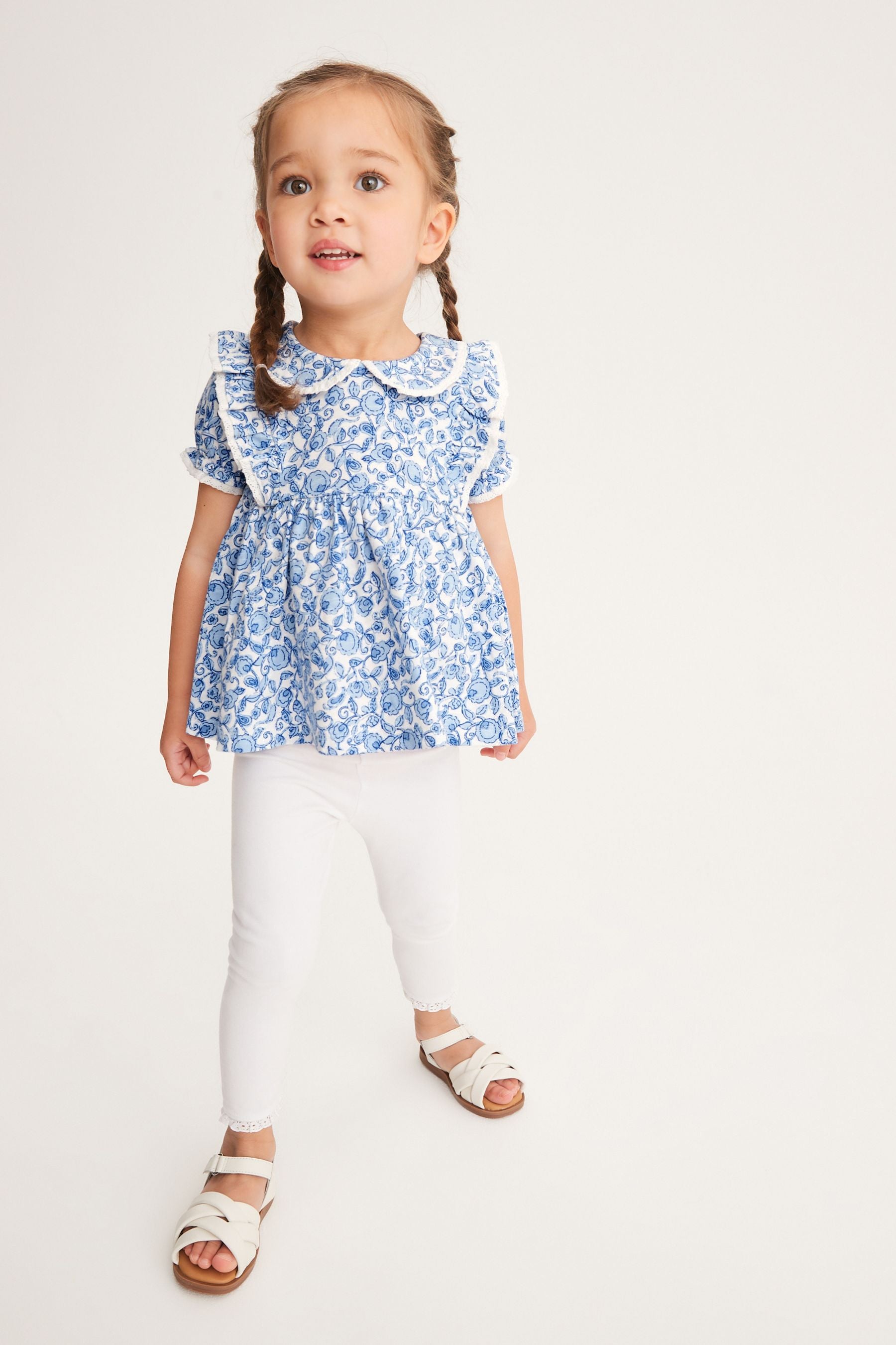 Blue/White Floral Collar Frill Blouse (3mths-7yrs)