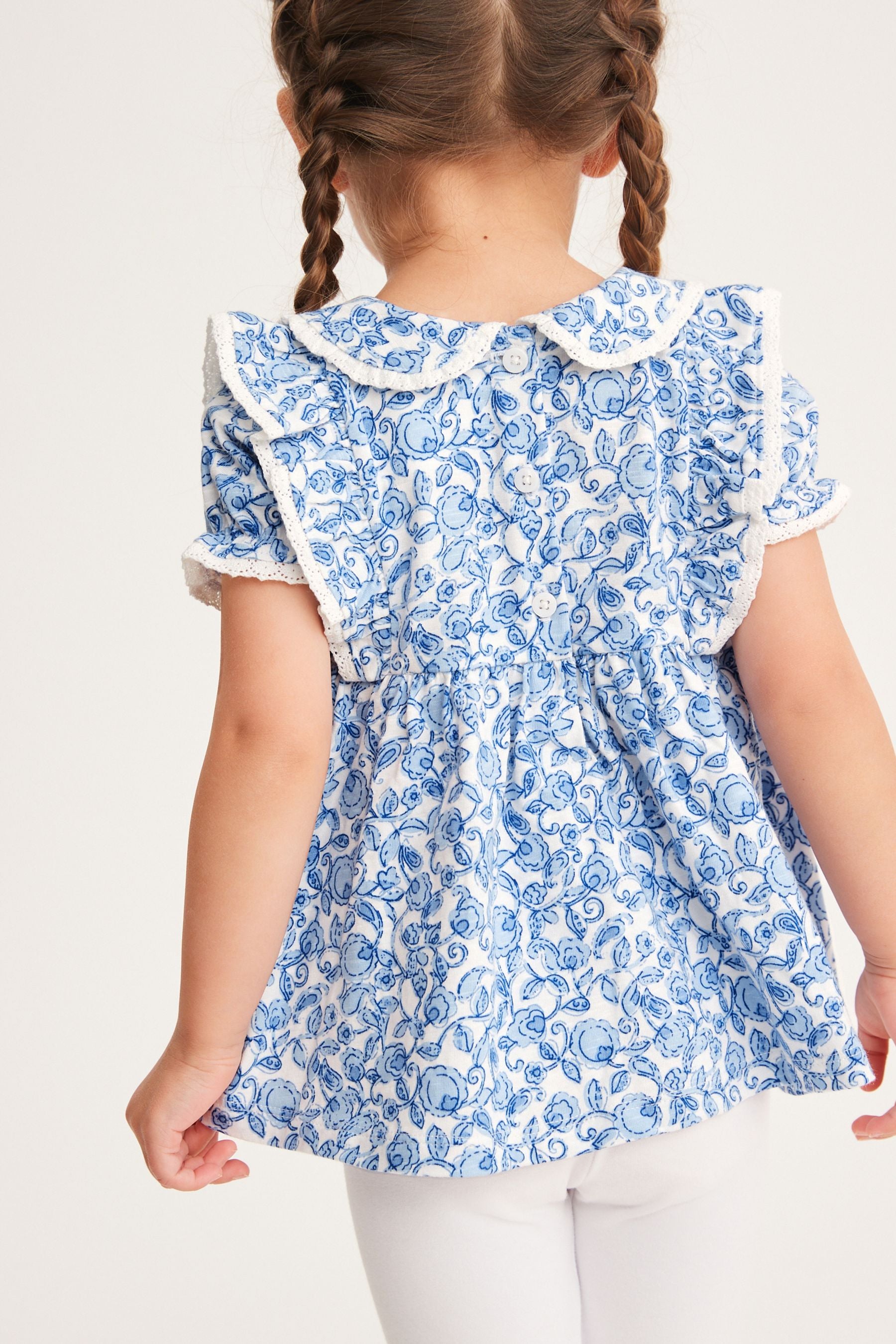 Blue/White Floral Collar Frill Blouse (3mths-7yrs)