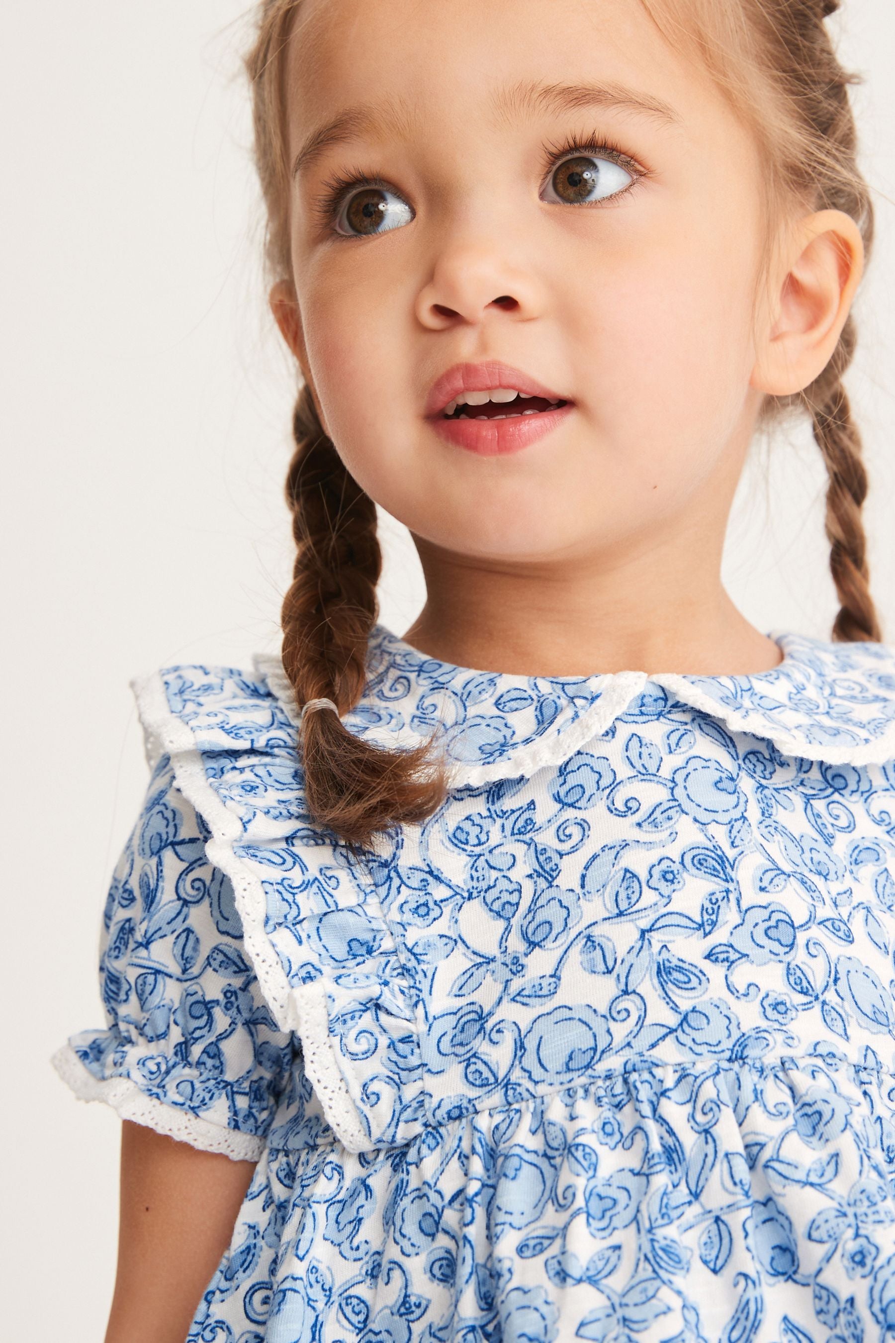 Blue/White Floral Collar Frill Blouse (3mths-7yrs)