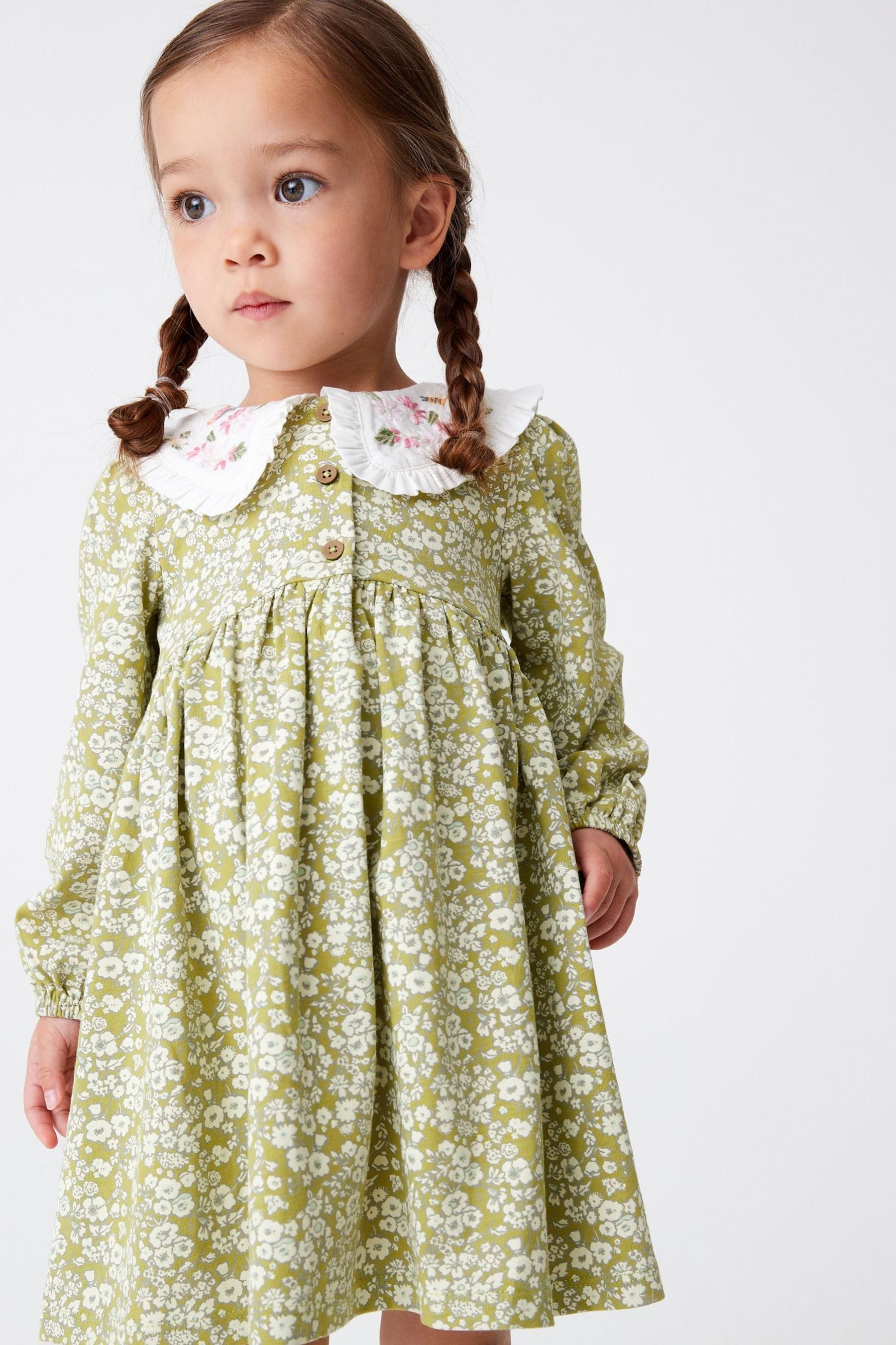 Green Collared Long Sleeve Jersey Dress (3mths-7yrs)