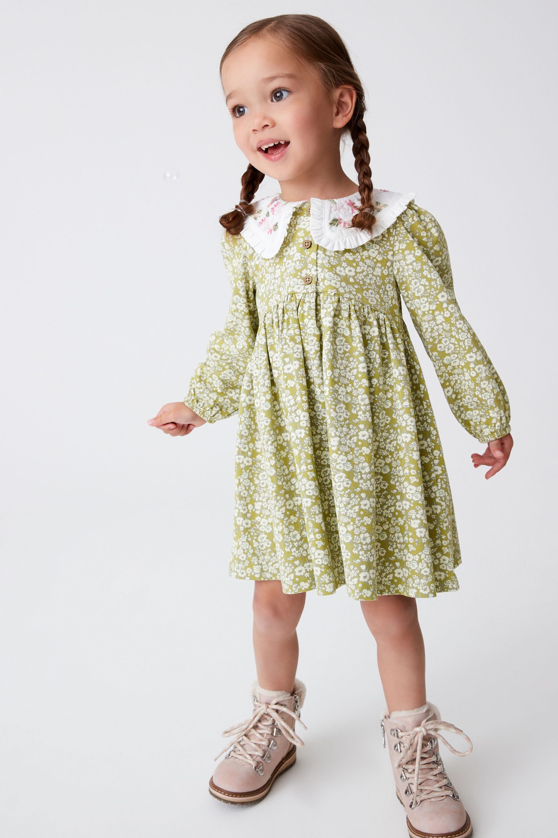 Green Collared Long Sleeve Jersey Dress (3mths-7yrs)