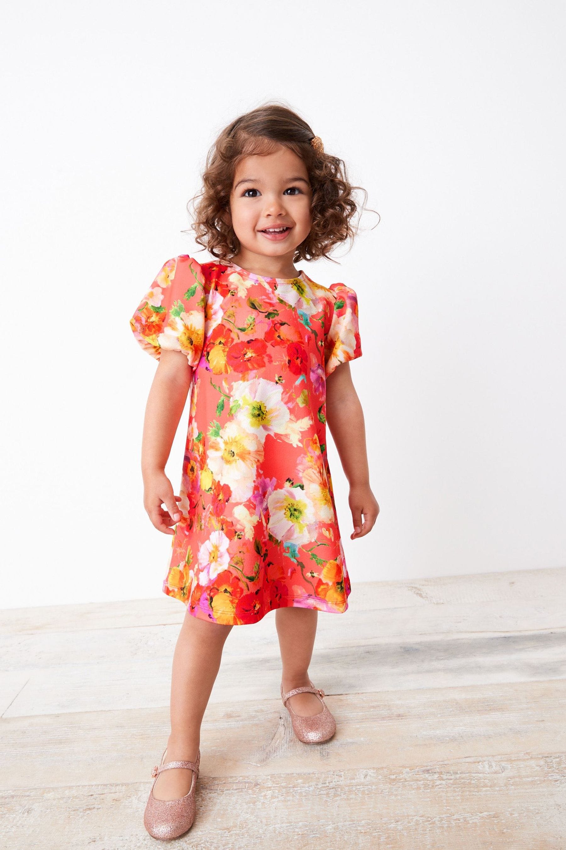 Red Floral Puff Sleeve Ponte Occasion Dress (3mths-7yrs)