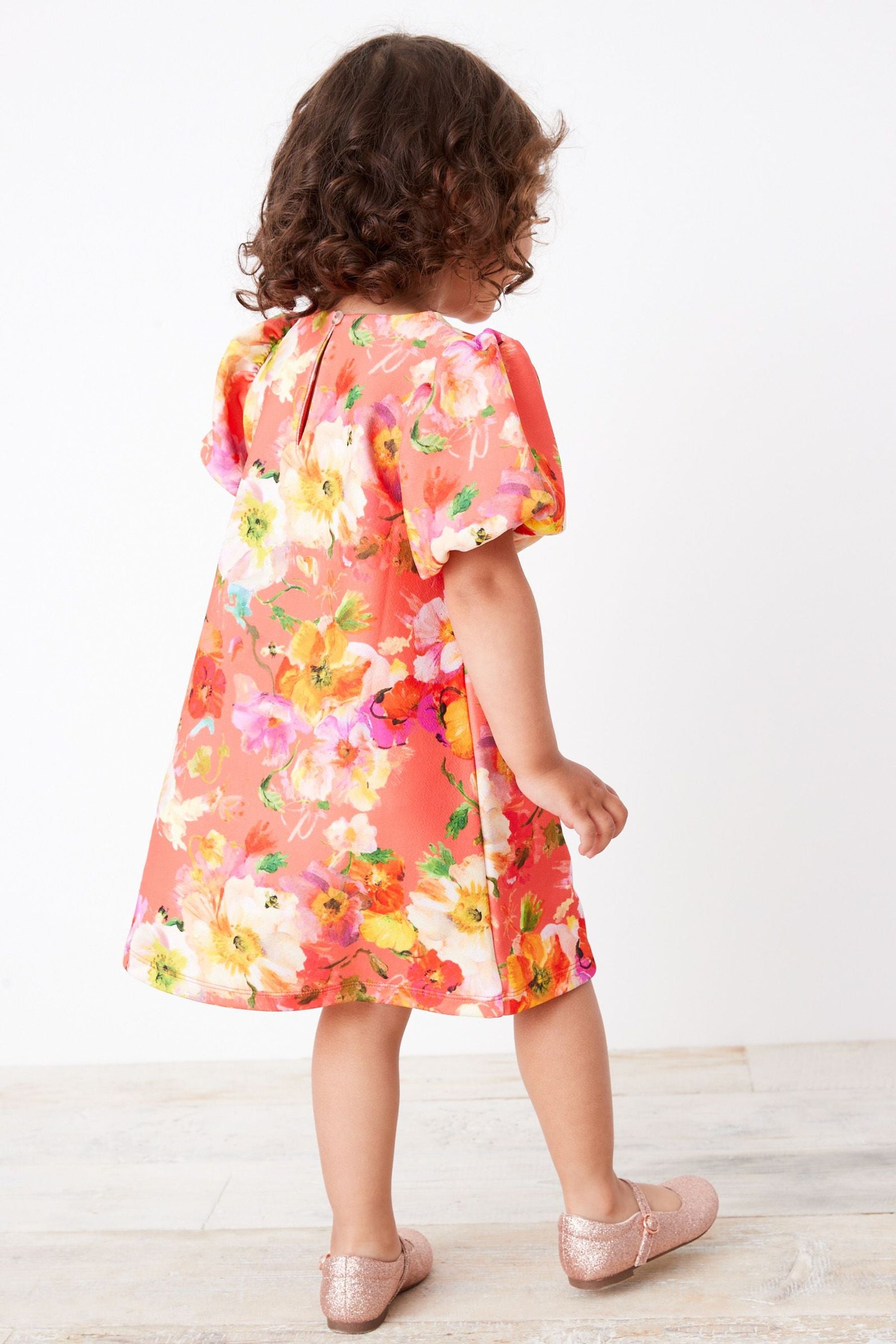 Red Floral Puff Sleeve Ponte Occasion Dress (3mths-7yrs)