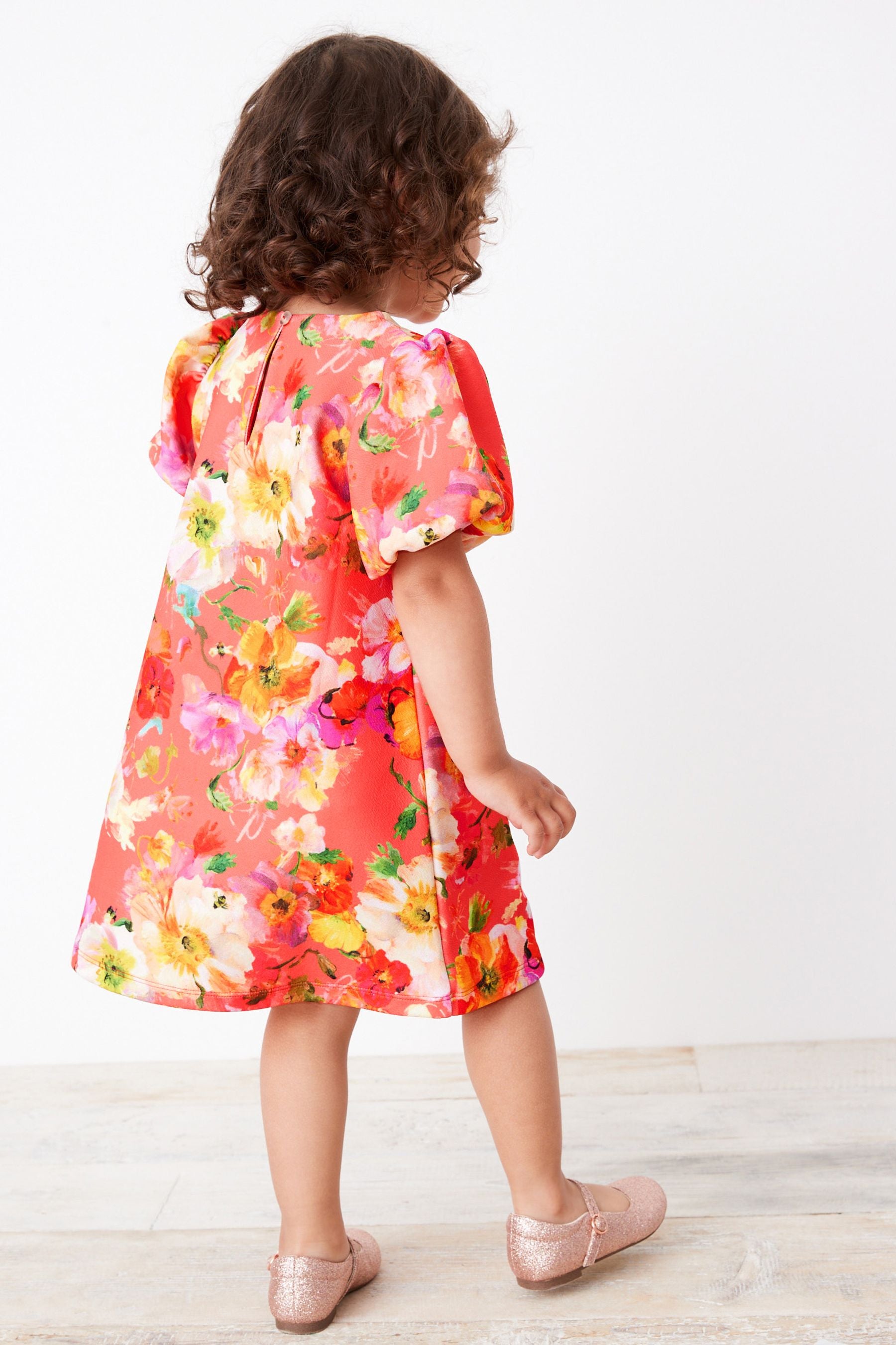 Red Floral Puff Sleeve Ponte Occasion Dress (3mths-7yrs)