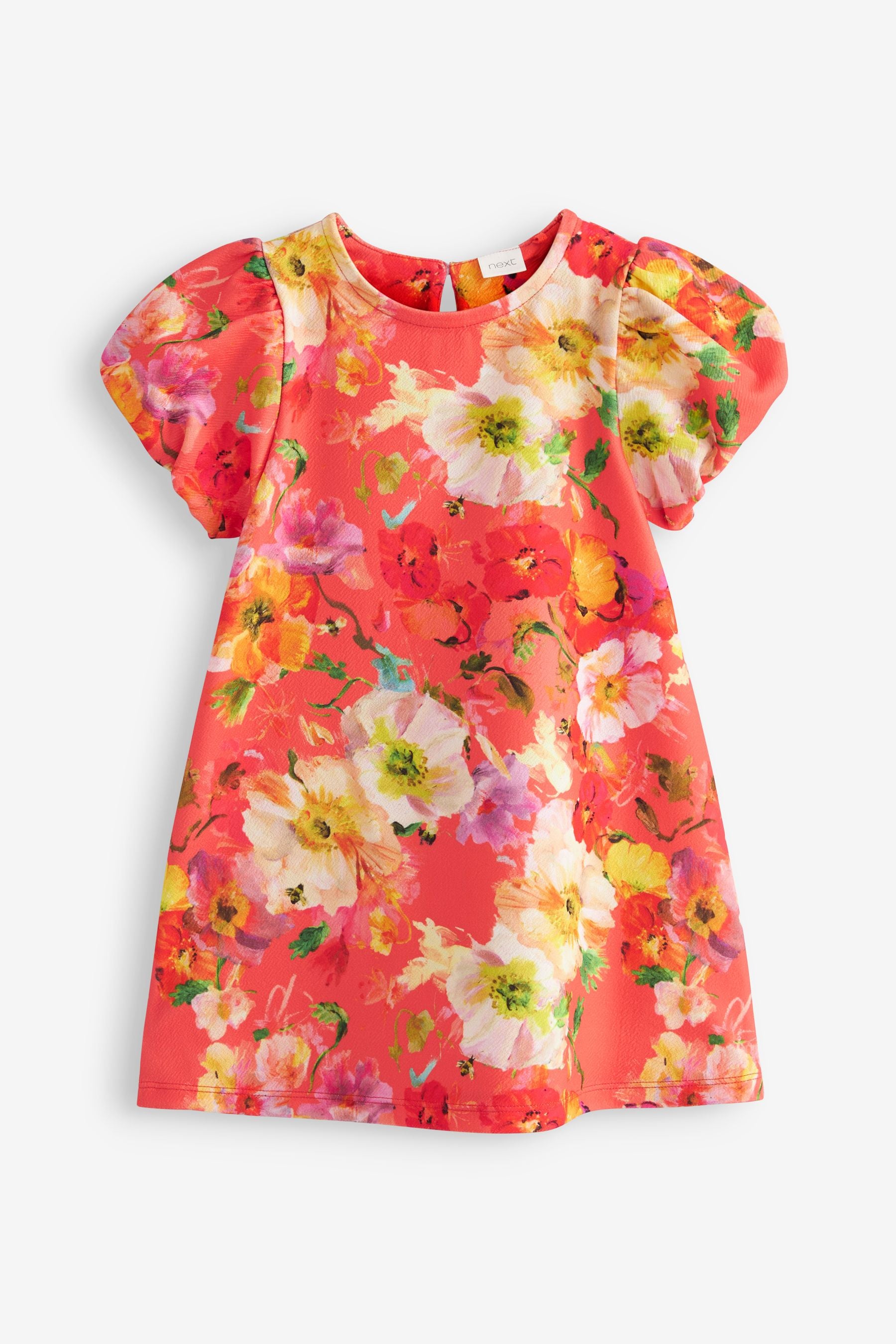 Red Floral Puff Sleeve Ponte Occasion Dress (3mths-7yrs)