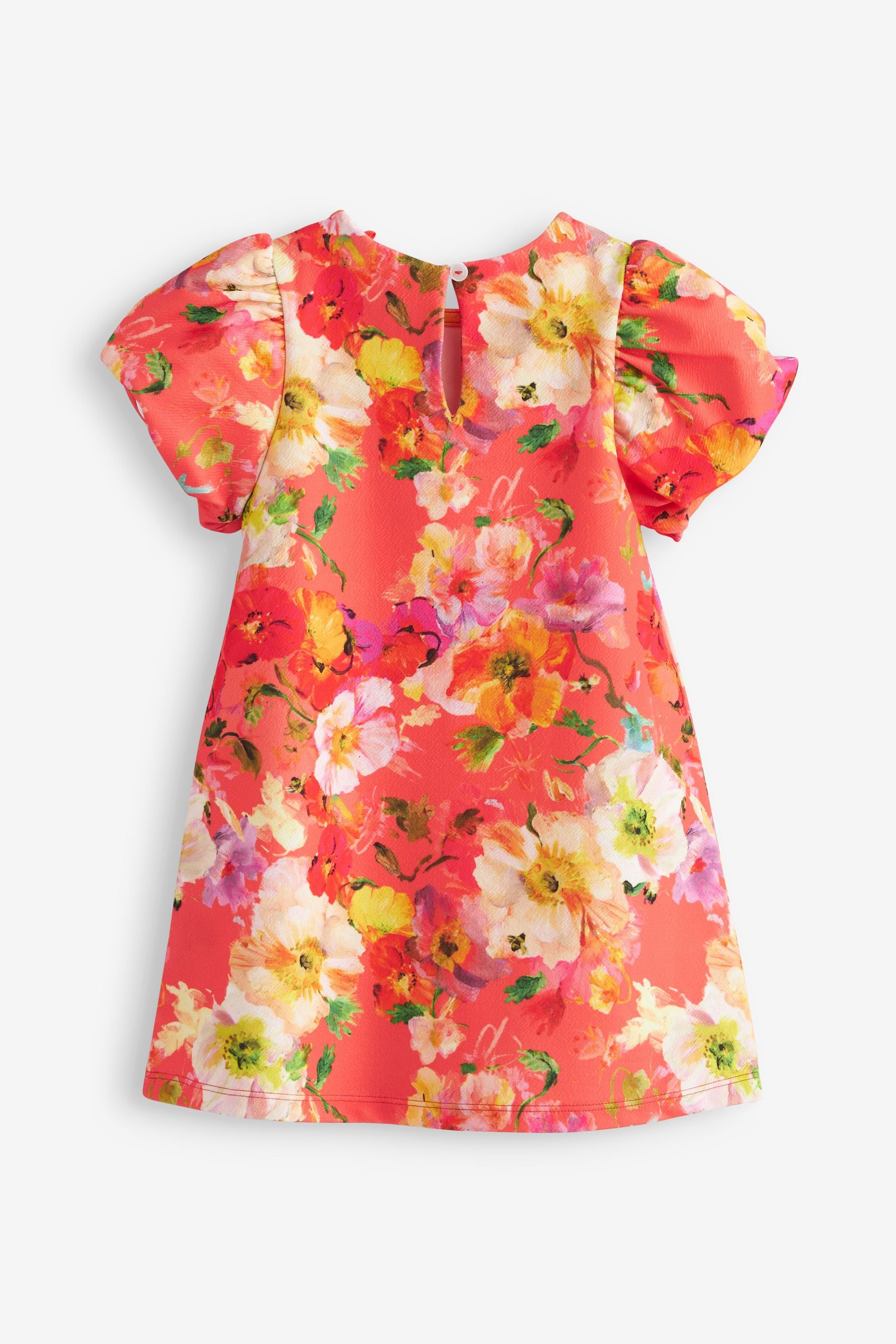 Red Floral Puff Sleeve Ponte Occasion Dress (3mths-7yrs)