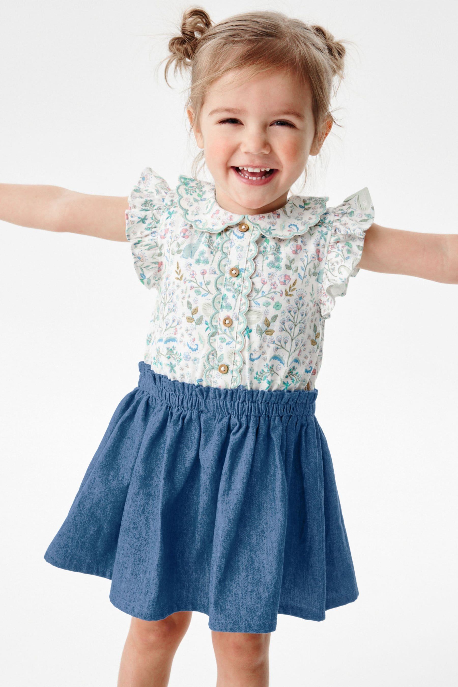 Cream Short Sleeve Denim Skirt Dress (3mths-7yrs)