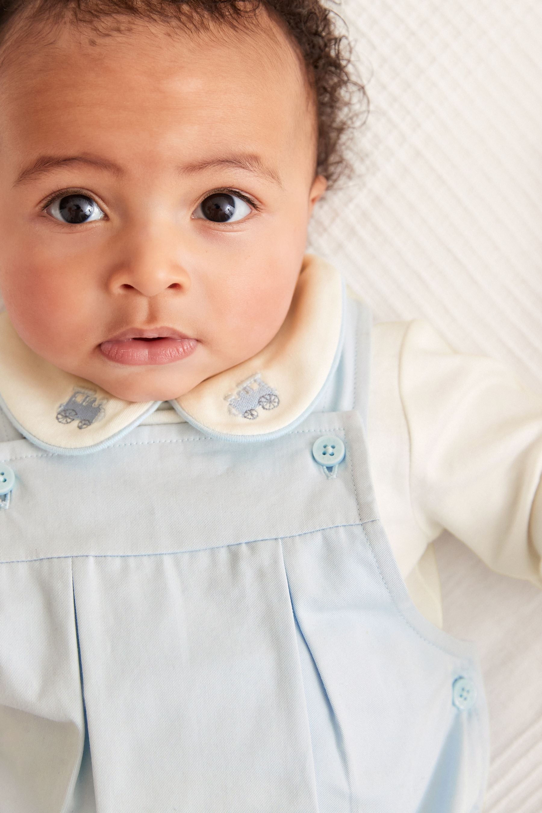 Pale Blue Smart Woven Baby 2 Piece Dungarees With Collared Bodysuit (0mths-3yrs)