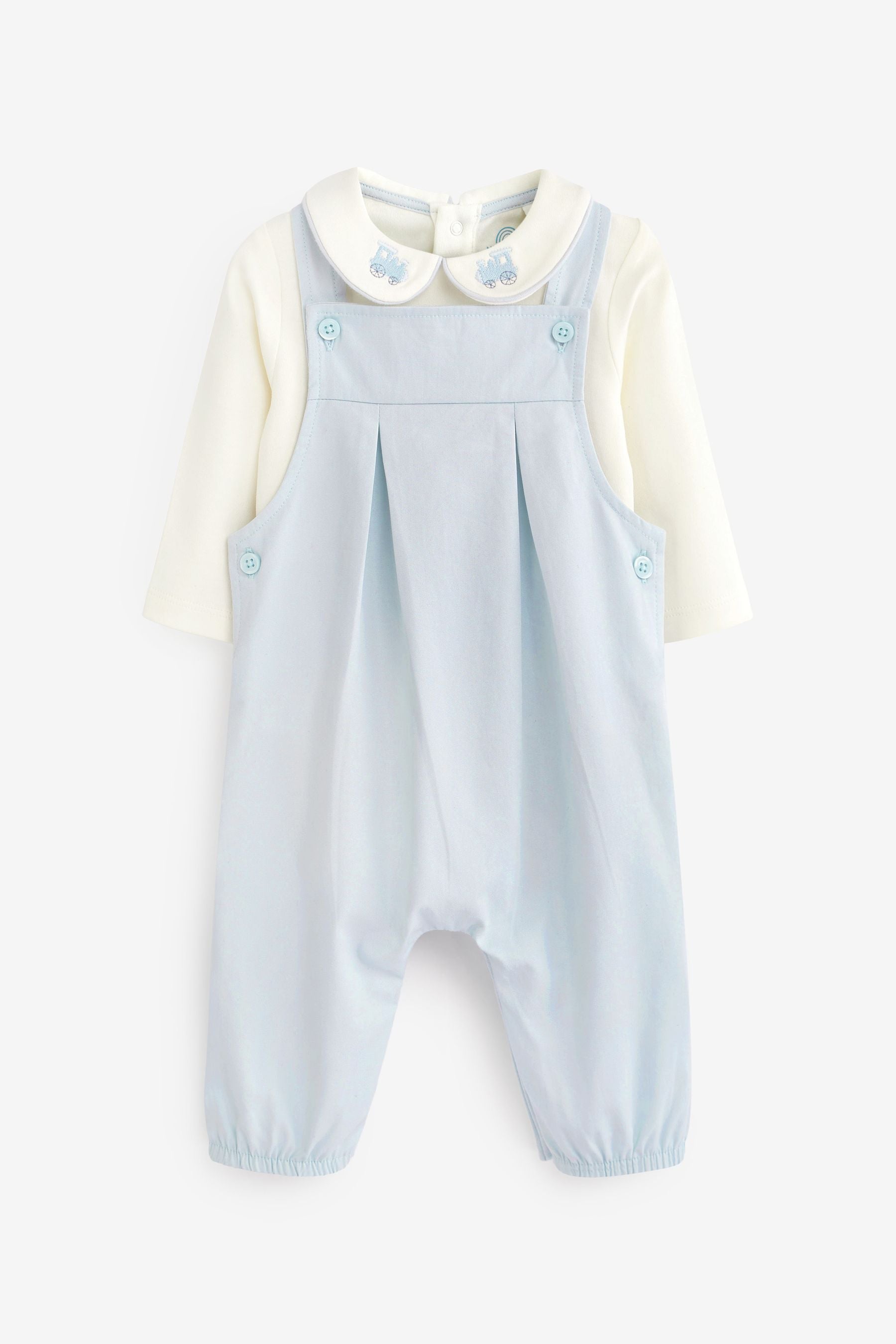 Pale Blue Smart Woven Baby 2 Piece Dungarees With Collared Bodysuit (0mths-3yrs)