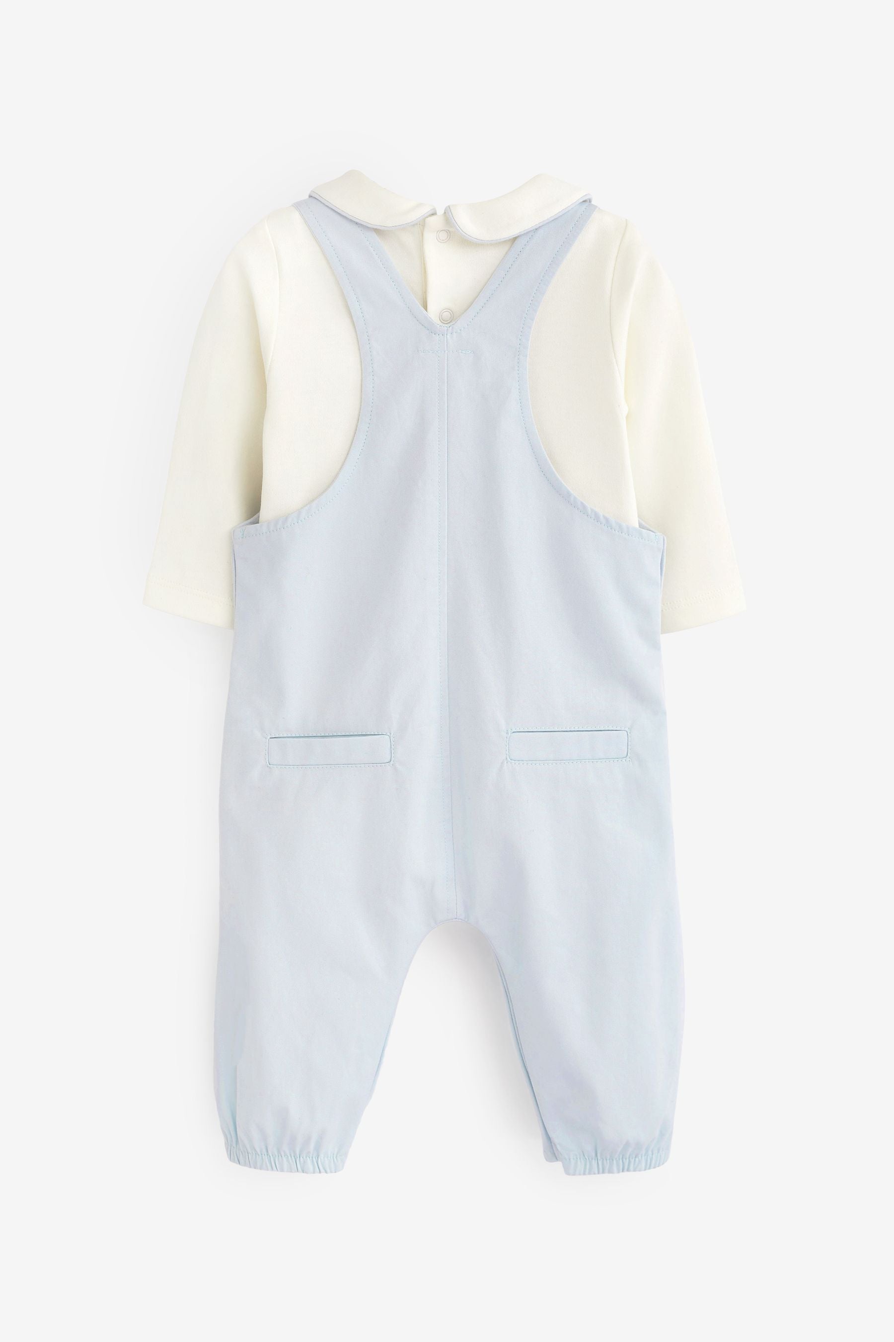 Pale Blue Smart Woven Baby 2 Piece Dungarees With Collared Bodysuit (0mths-3yrs)