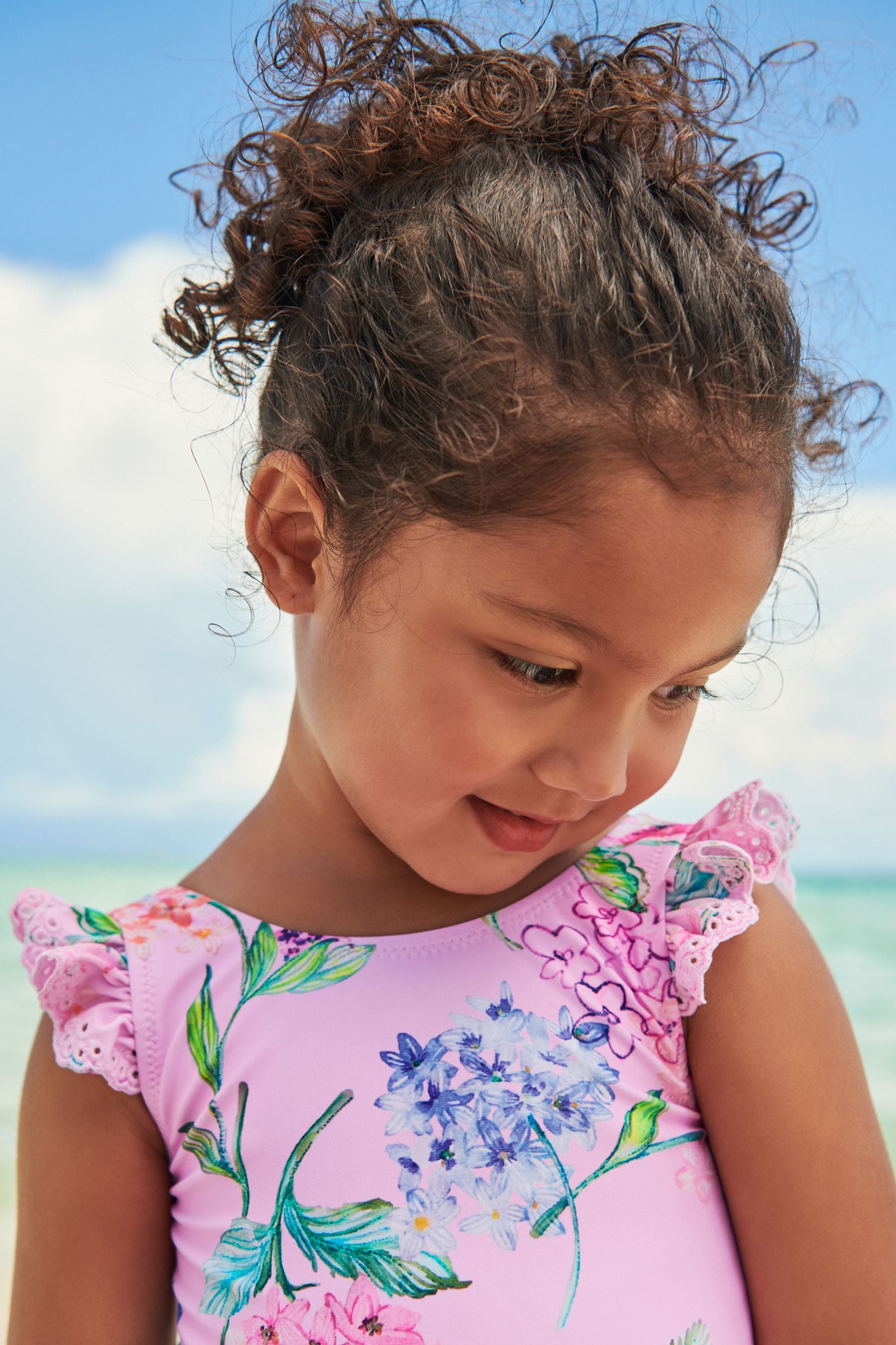 Pale Pink Floral Frill Sleeved Swimsuit (3mths-12yrs)