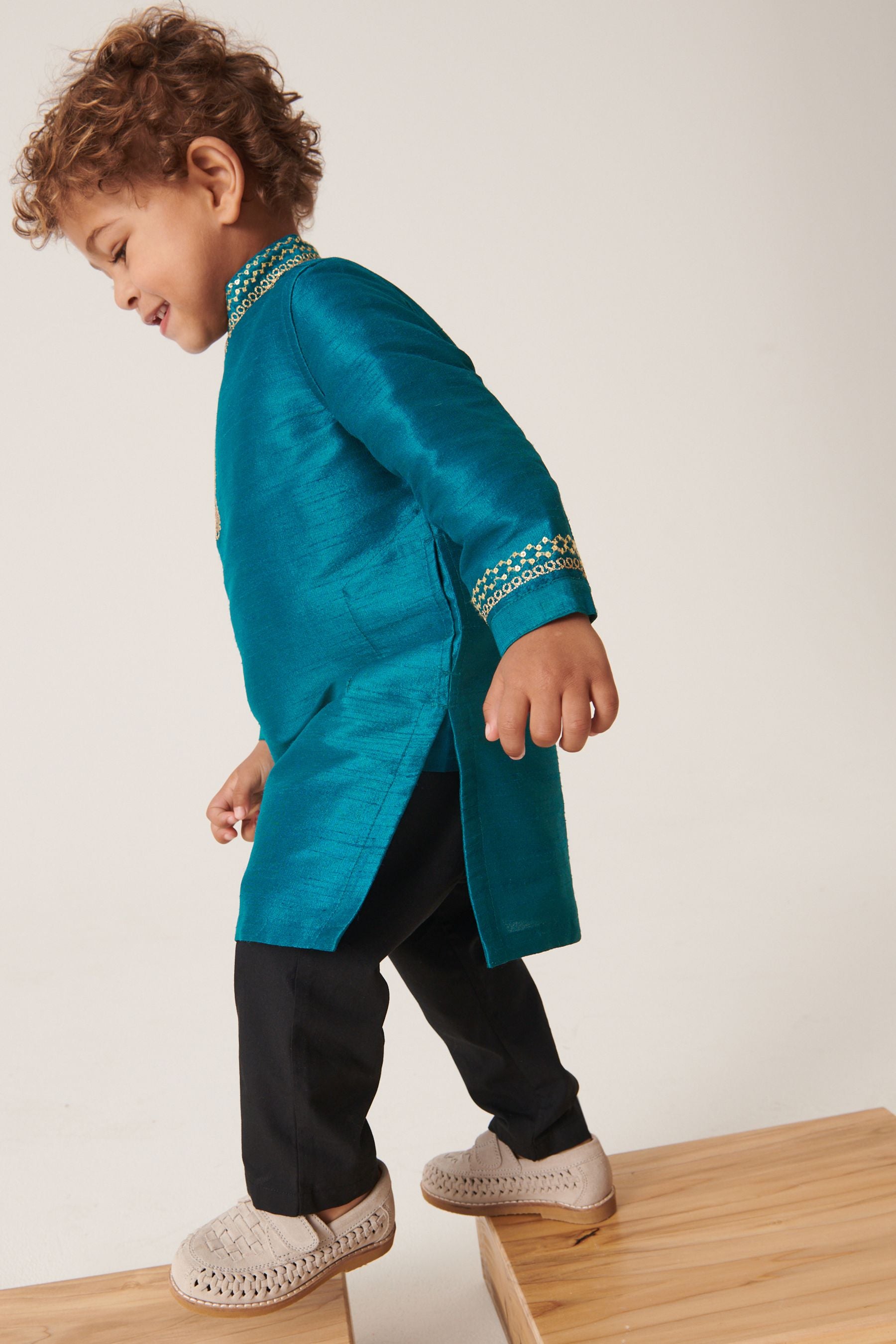 Teal Blue/Gold Embroidered Boys Kurta (3mths-7yrs)