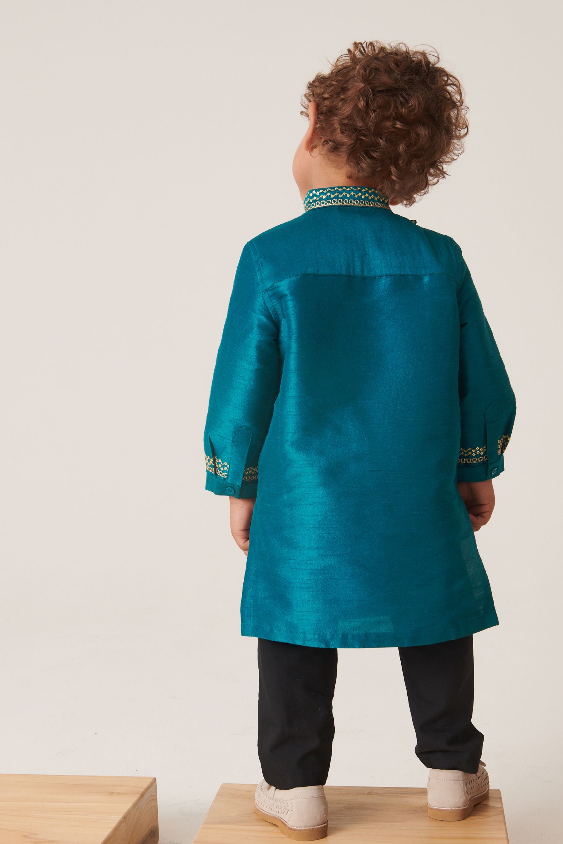 Teal Blue/Gold Embroidered Boys Kurta (3mths-7yrs)