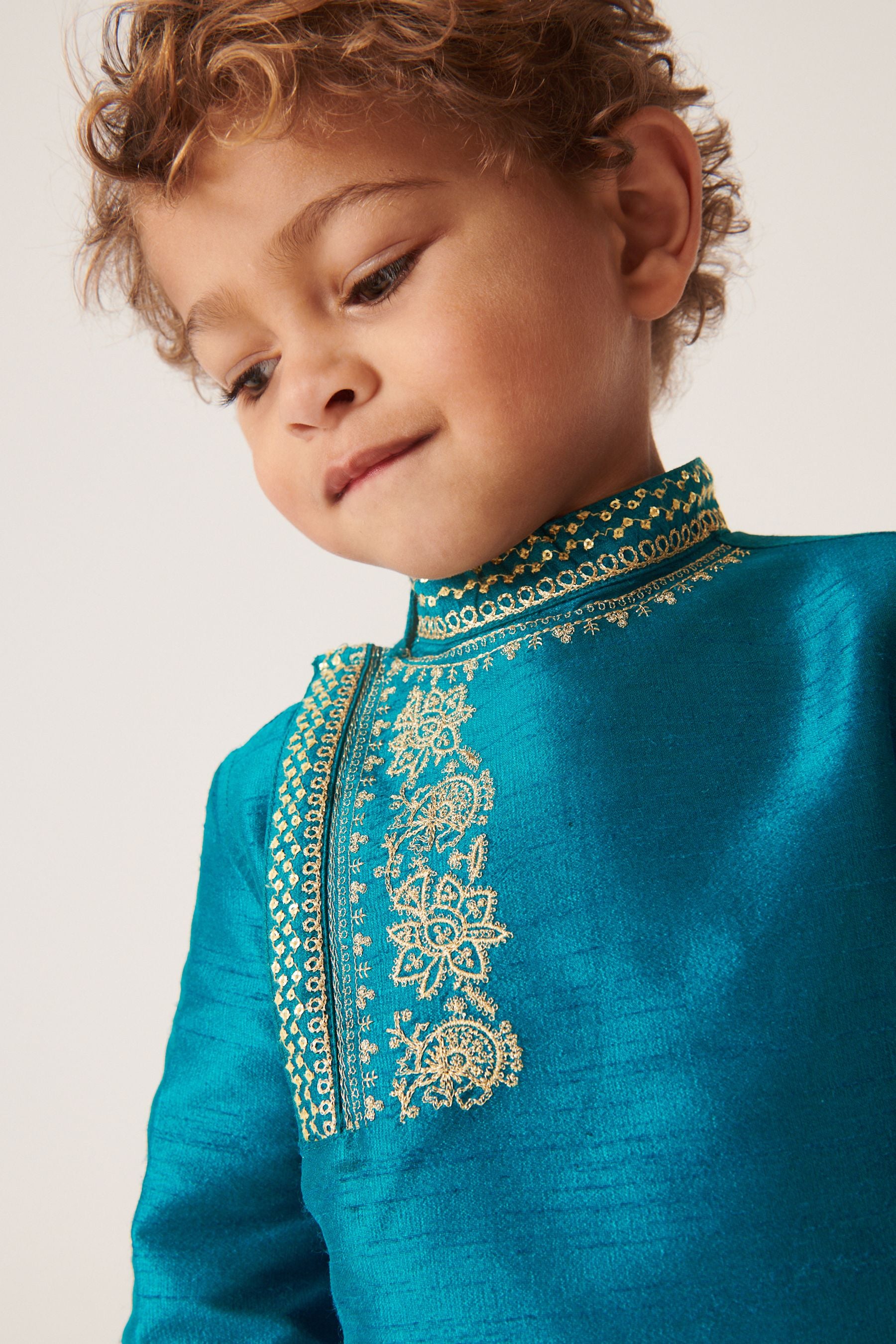 Teal Blue/Gold Embroidered Boys Kurta (3mths-7yrs)