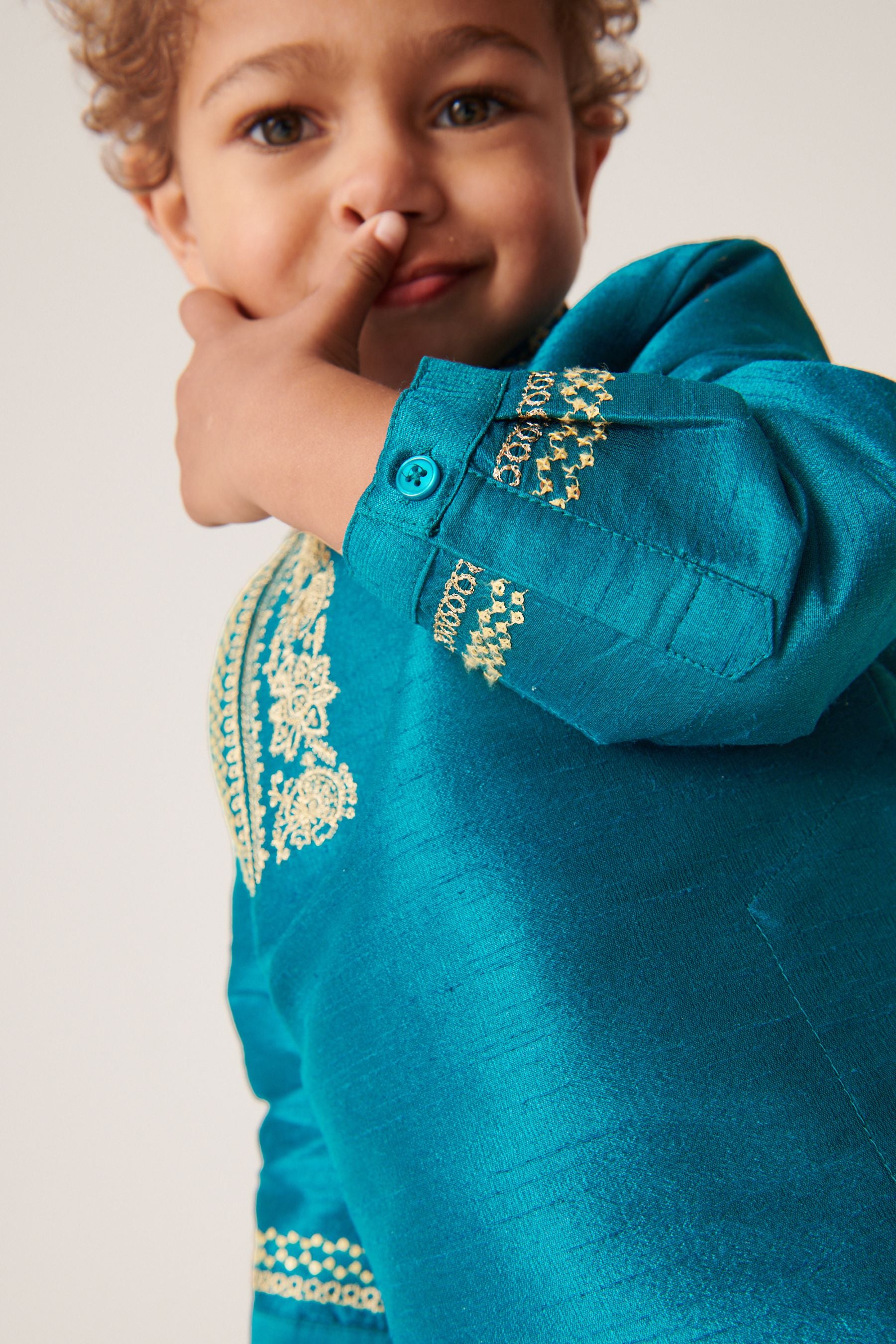 Teal Blue/Gold Embroidered Boys Kurta (3mths-7yrs)