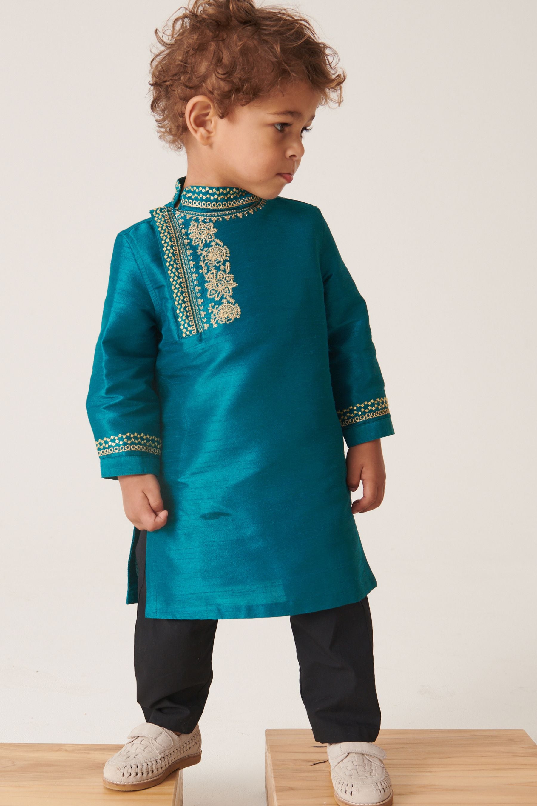 Teal Blue/Gold Embroidered Boys Kurta (3mths-7yrs)