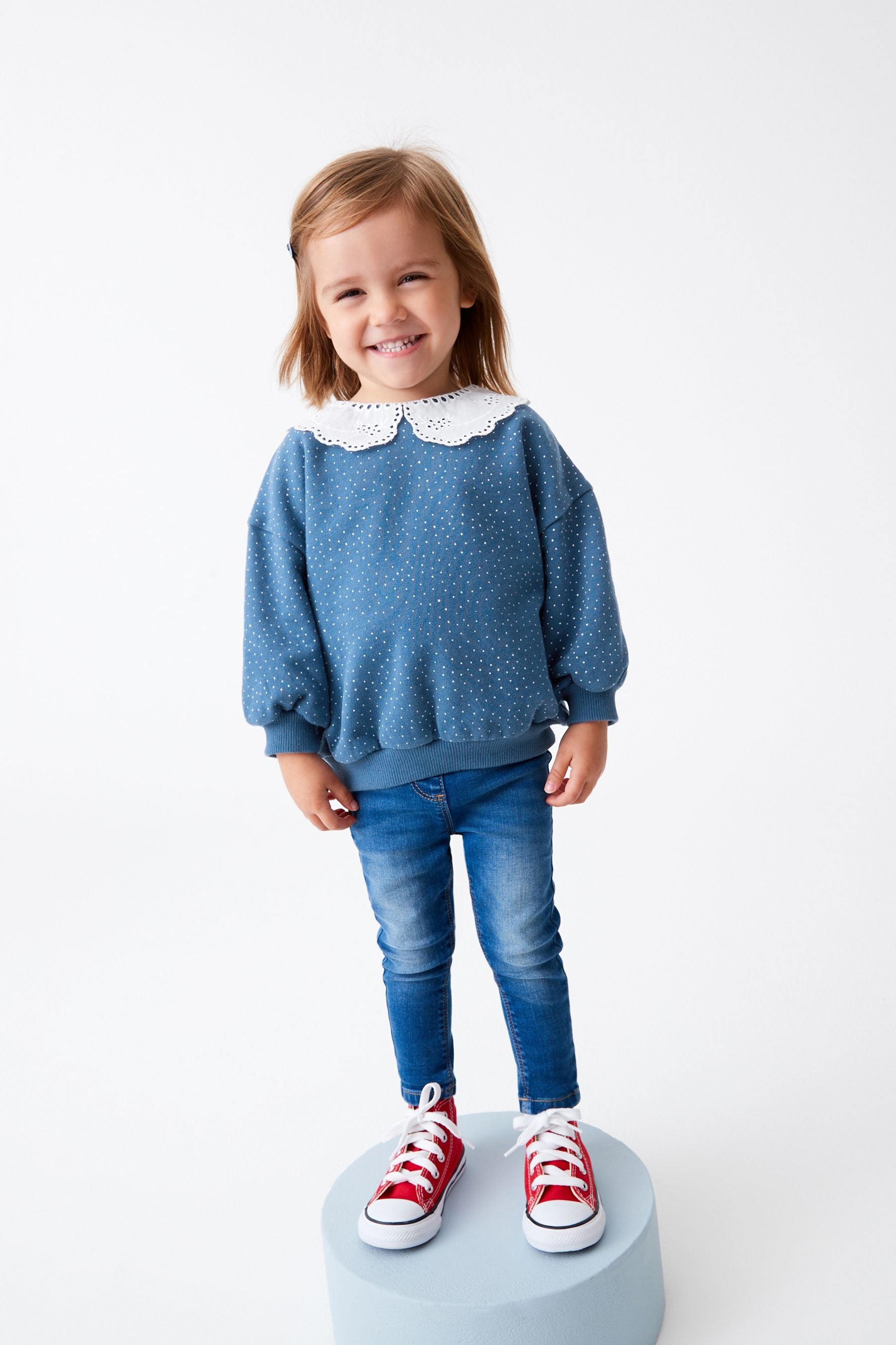 Navy Blue Broderie Collar Sweatshirt (3mths-7yrs)