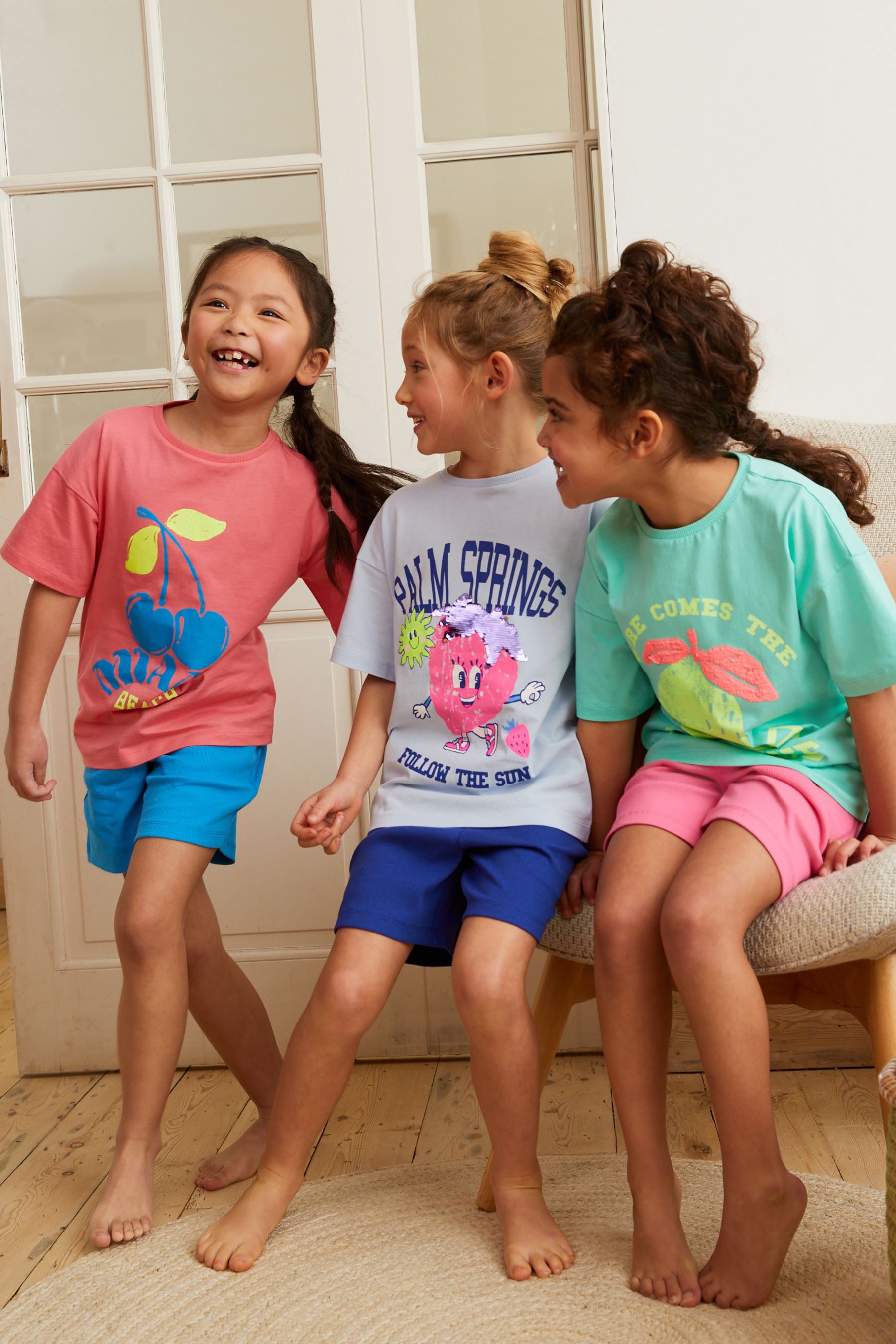 Pink/Blue Slogan 3 Pack Short Pyjamas (3-16yrs)