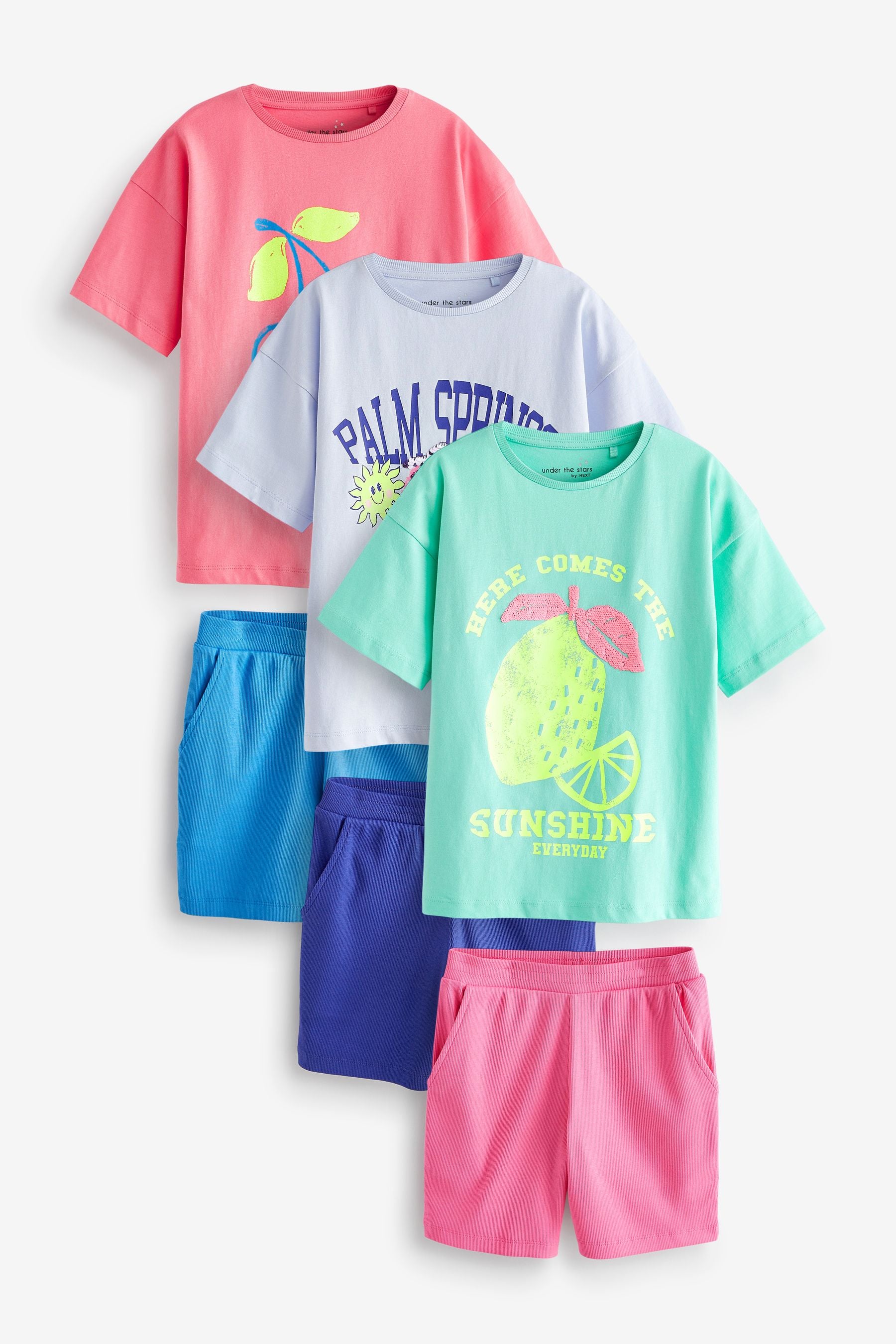 Pink/Blue Slogan 3 Pack Short Pyjamas (3-16yrs)