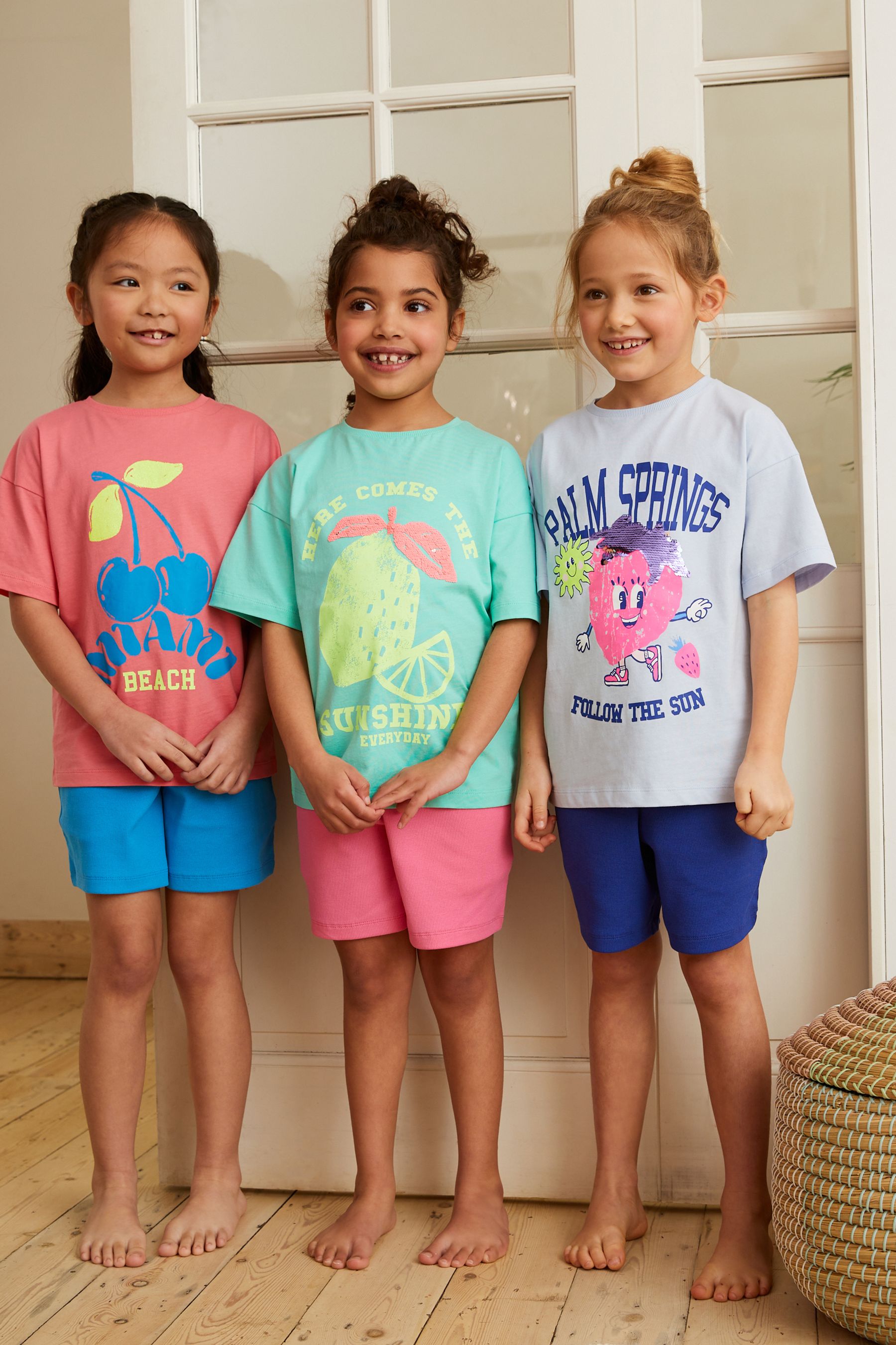 Pink/Blue Slogan 3 Pack Short Pyjamas (3-16yrs)