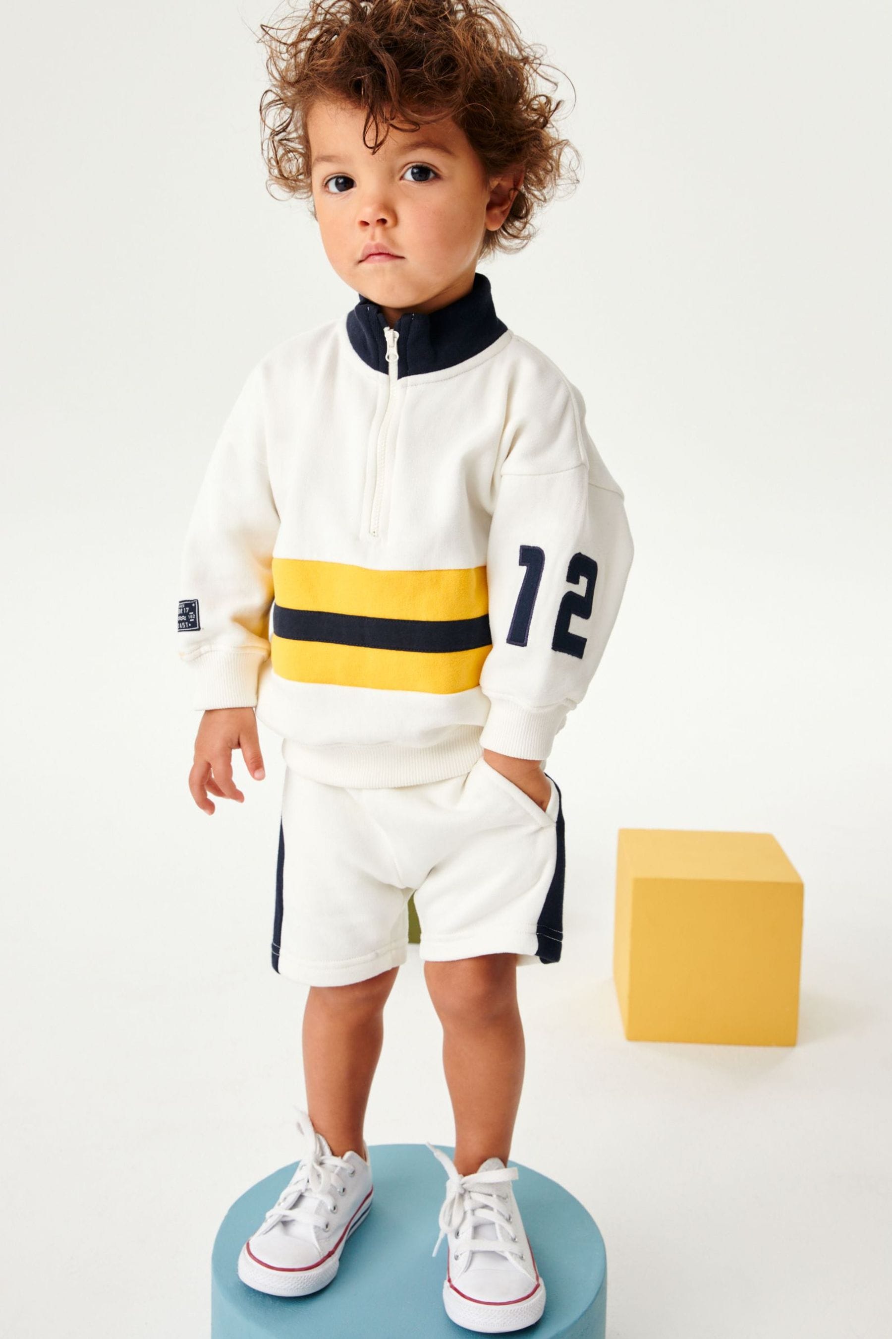 White/Navy Zip Neck Rugby Sweatshirt And Shorts Set (3mths-7yrs)