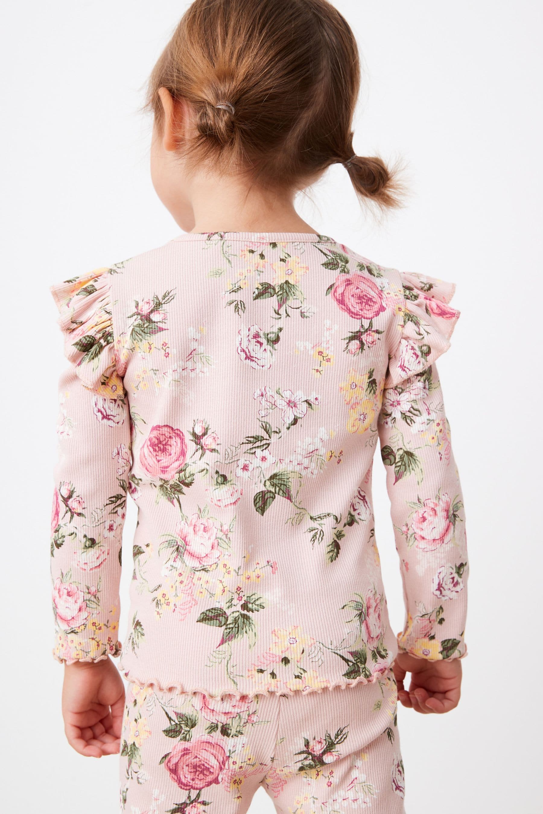 Pale Pink Floral Long Sleeve Frill Rib Jersey Top (3mths-7yrs)