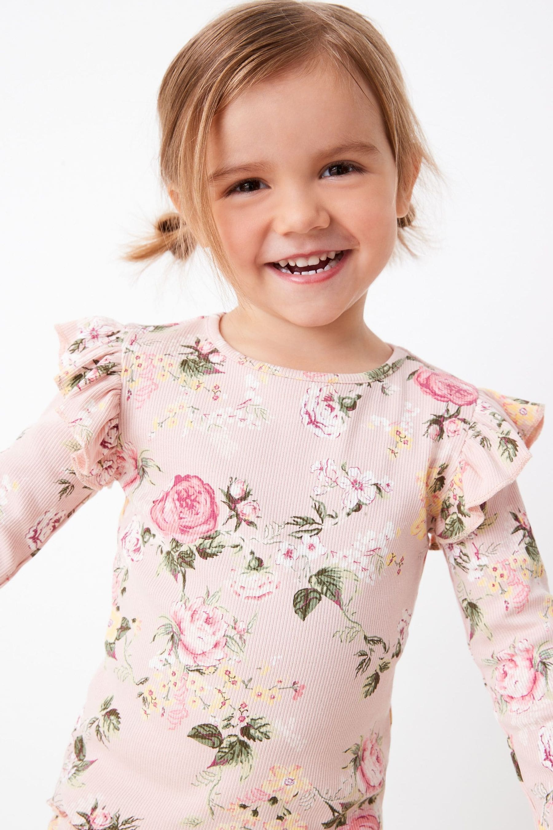 Pale Pink Floral Long Sleeve Frill Rib Jersey Top (3mths-7yrs)