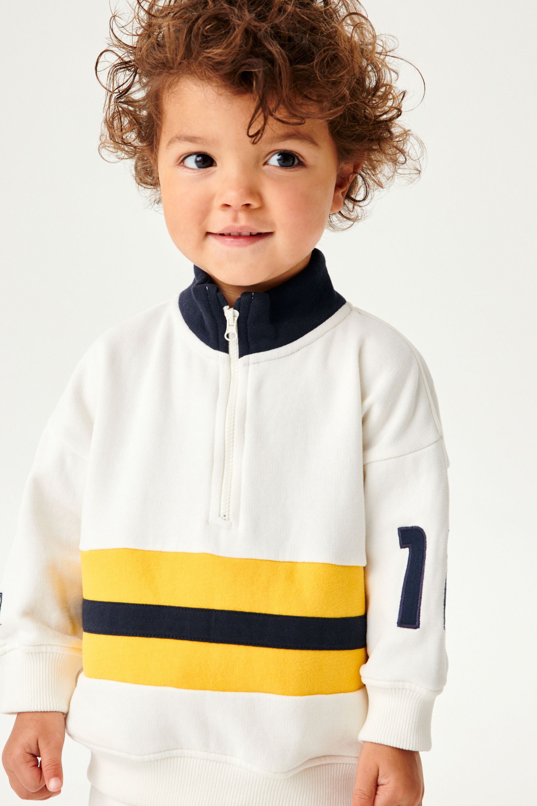 White/Navy Zip Neck Rugby Sweatshirt And Shorts Set (3mths-7yrs)