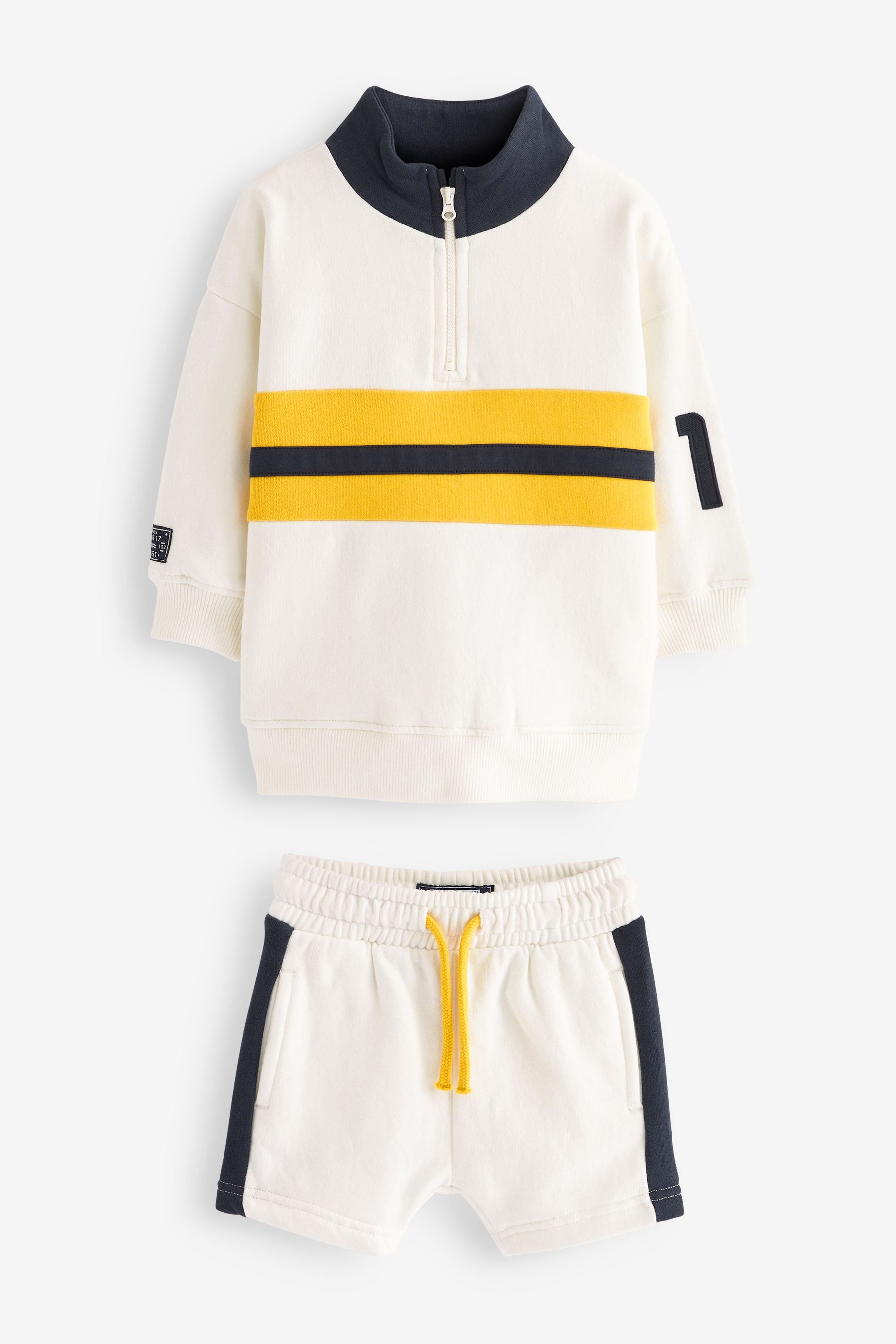 White/Navy Zip Neck Rugby Sweatshirt And Shorts Set (3mths-7yrs)