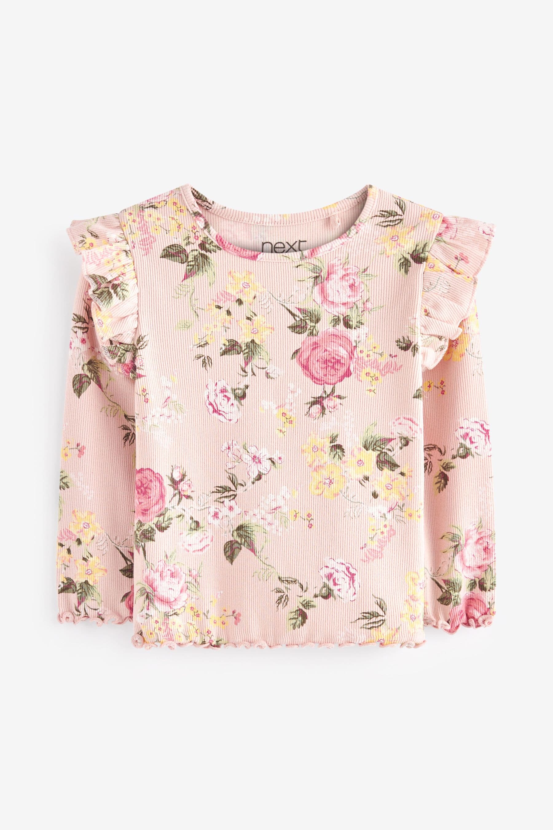 Pale Pink Floral Long Sleeve Frill Rib Jersey Top (3mths-7yrs)