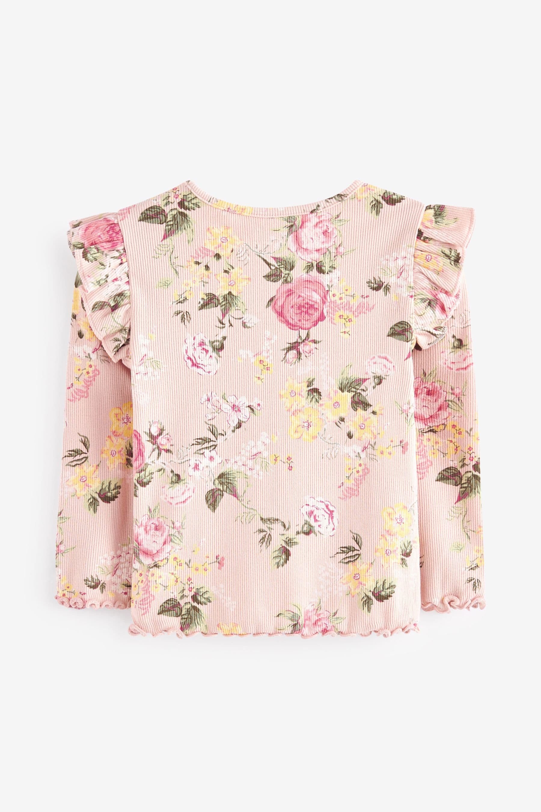 Pale Pink Floral Long Sleeve Frill Rib Jersey Top (3mths-7yrs)