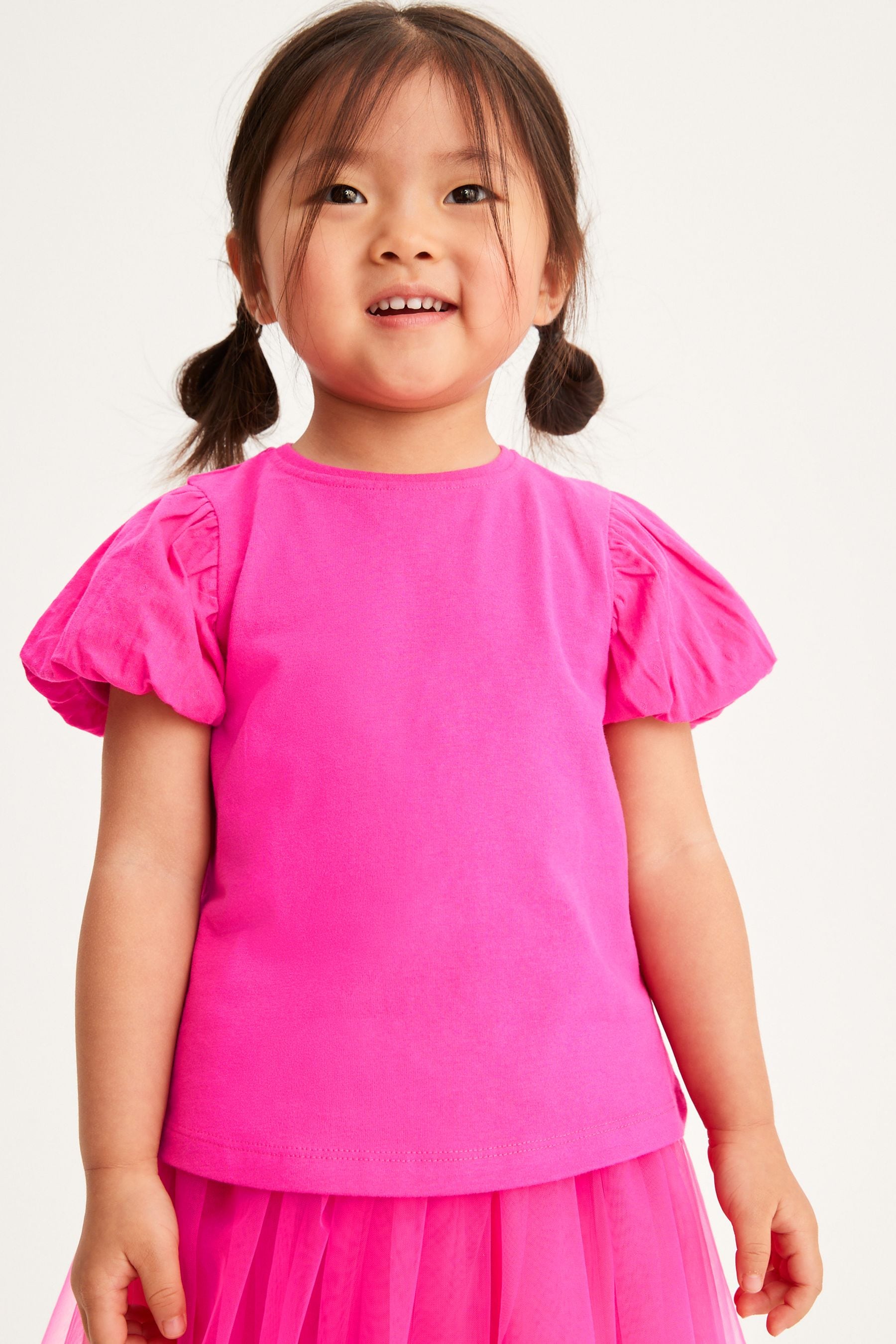 Bright Pink Cotton Puff Sleeve T-Shirt (3mths-7yrs)