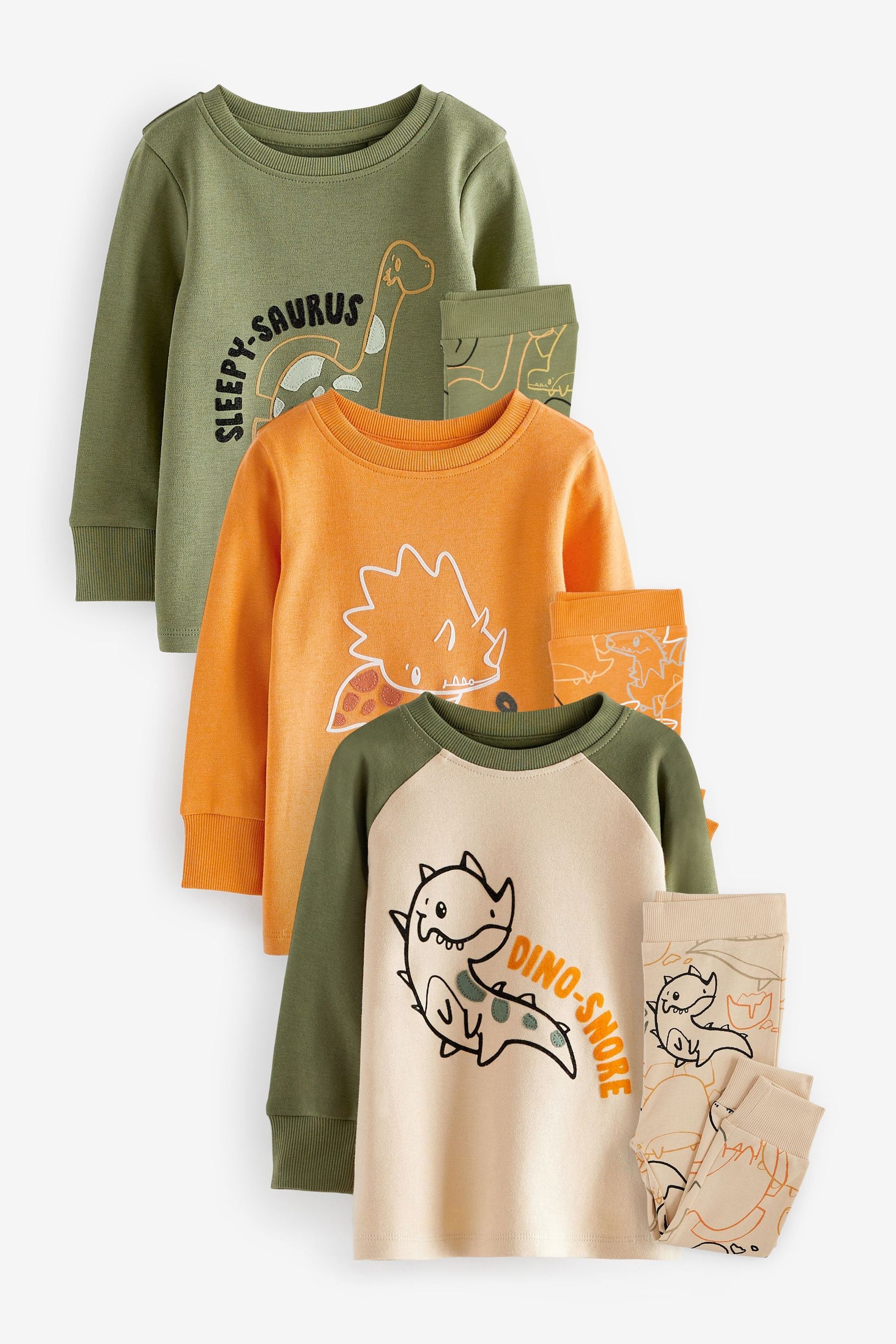 Khaki Green/ Orange Dino 3 Pack Snuggle Pyjamas (9mths-12yrs)