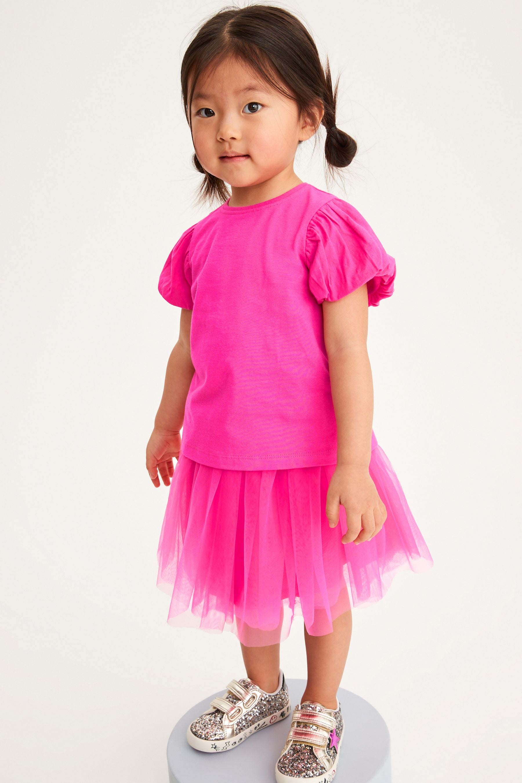 Bright Pink Cotton Puff Sleeve T-Shirt (3mths-7yrs)