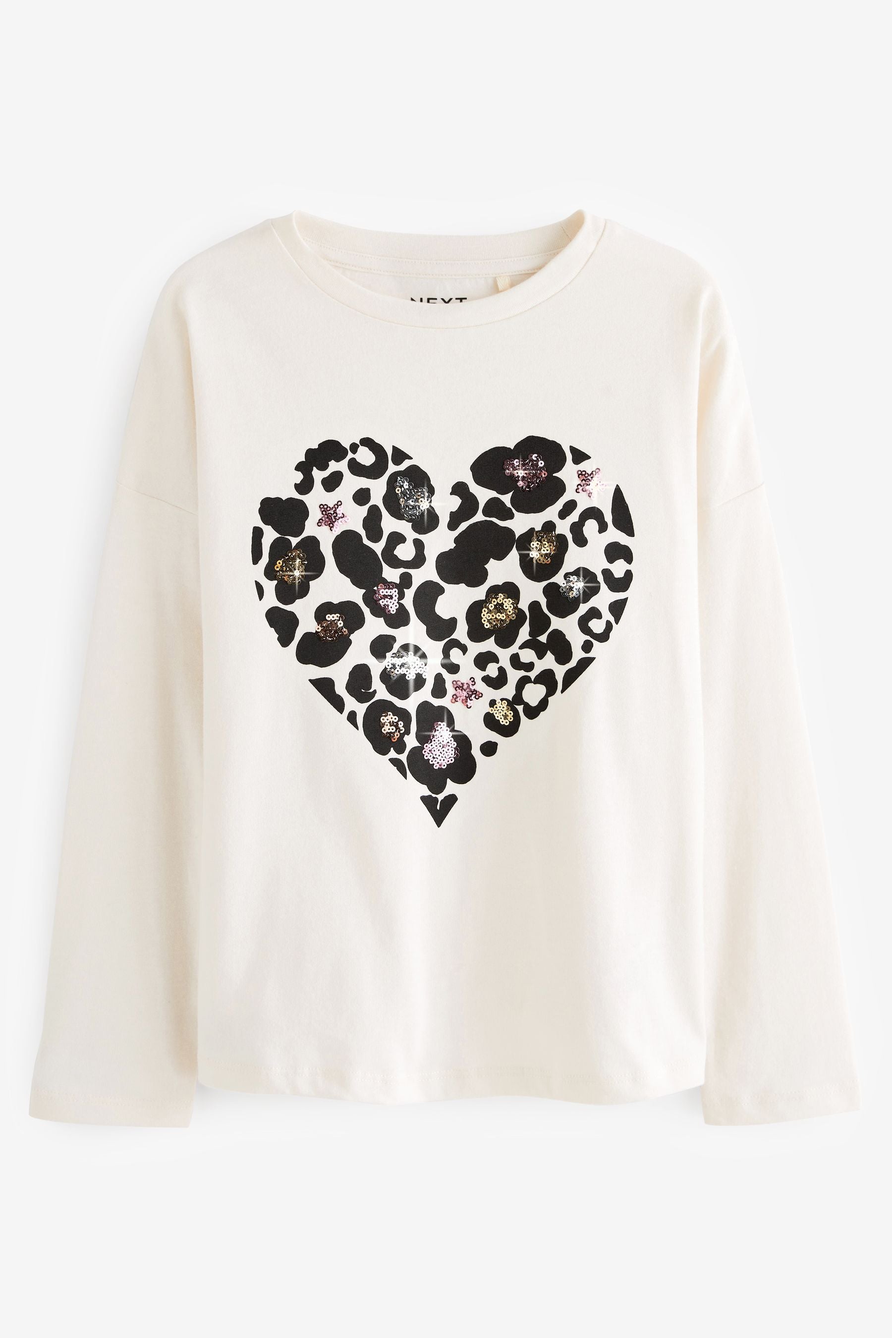 Ecru White Long Sleeve Sequin Heart T-Shirt (3-16yrs)