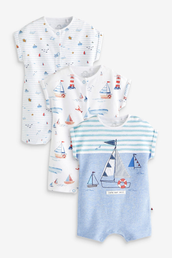 Blue/White Boat Baby Rompers 3 Pack