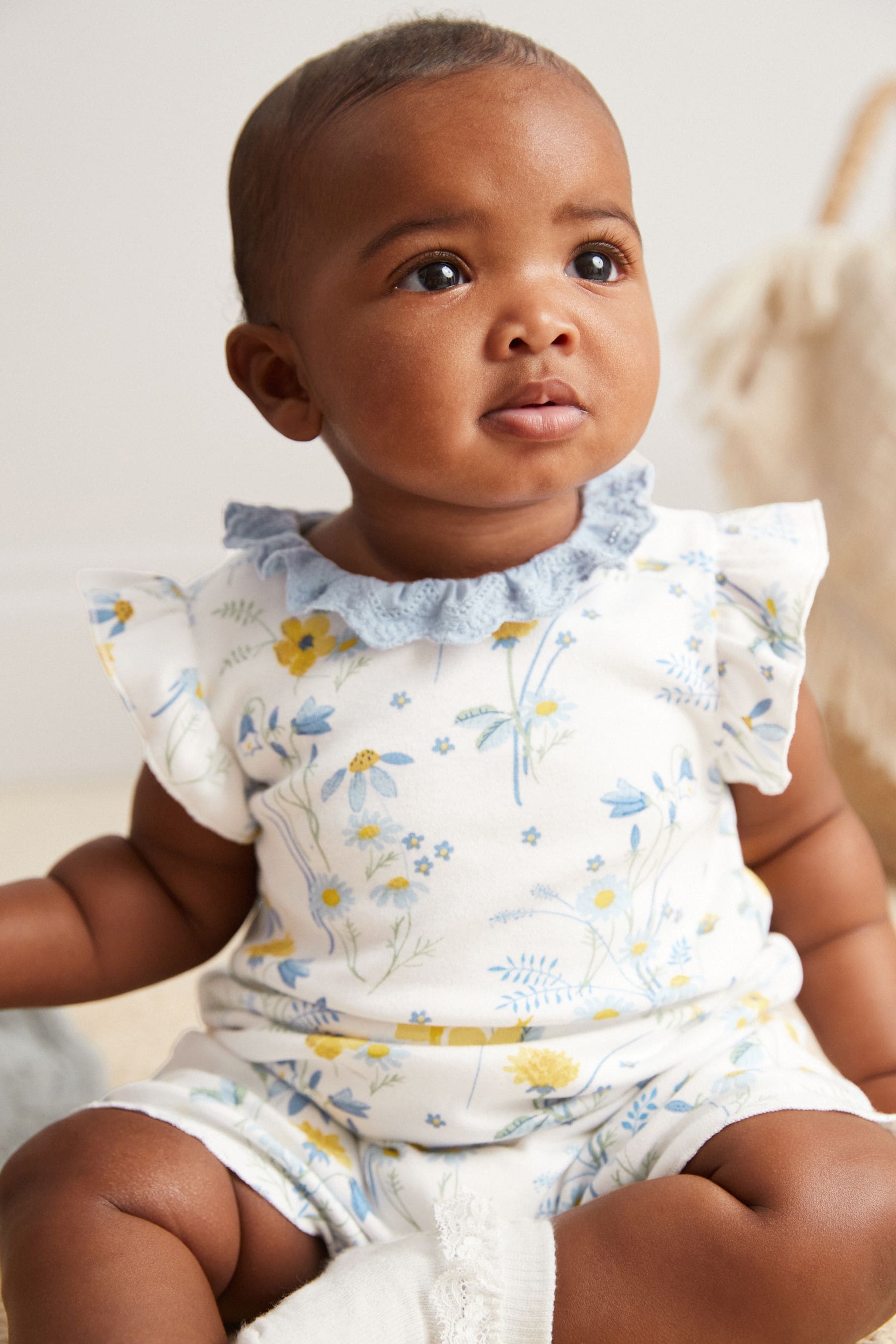 Blue lemon yellow Floral Baby Jersey Rompers 3 Pack