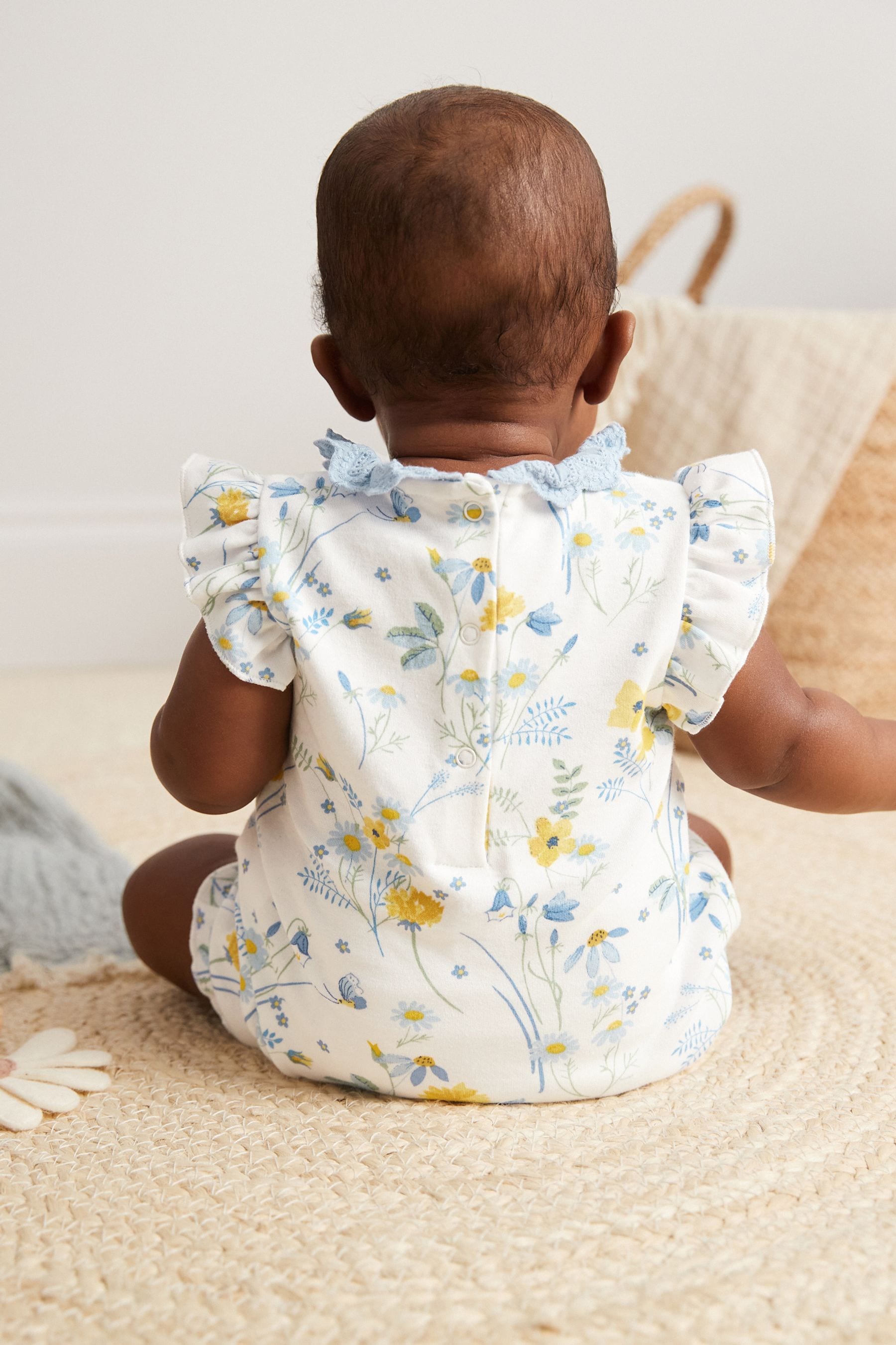 Blue lemon yellow Floral Baby Jersey Rompers 3 Pack