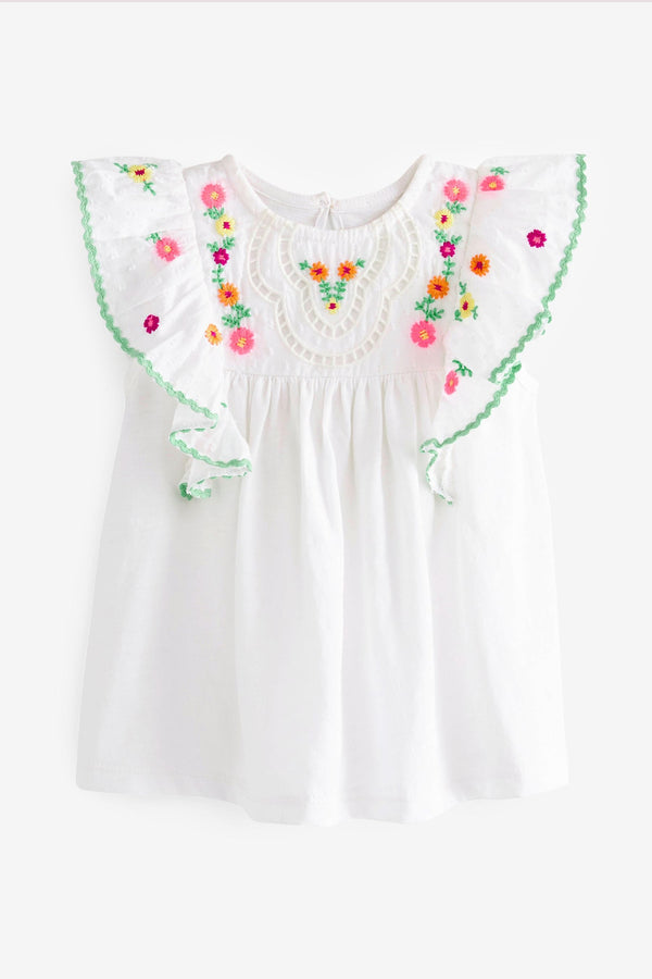 White Embroidered Floral Vest Blouse (3mths-7yrs)